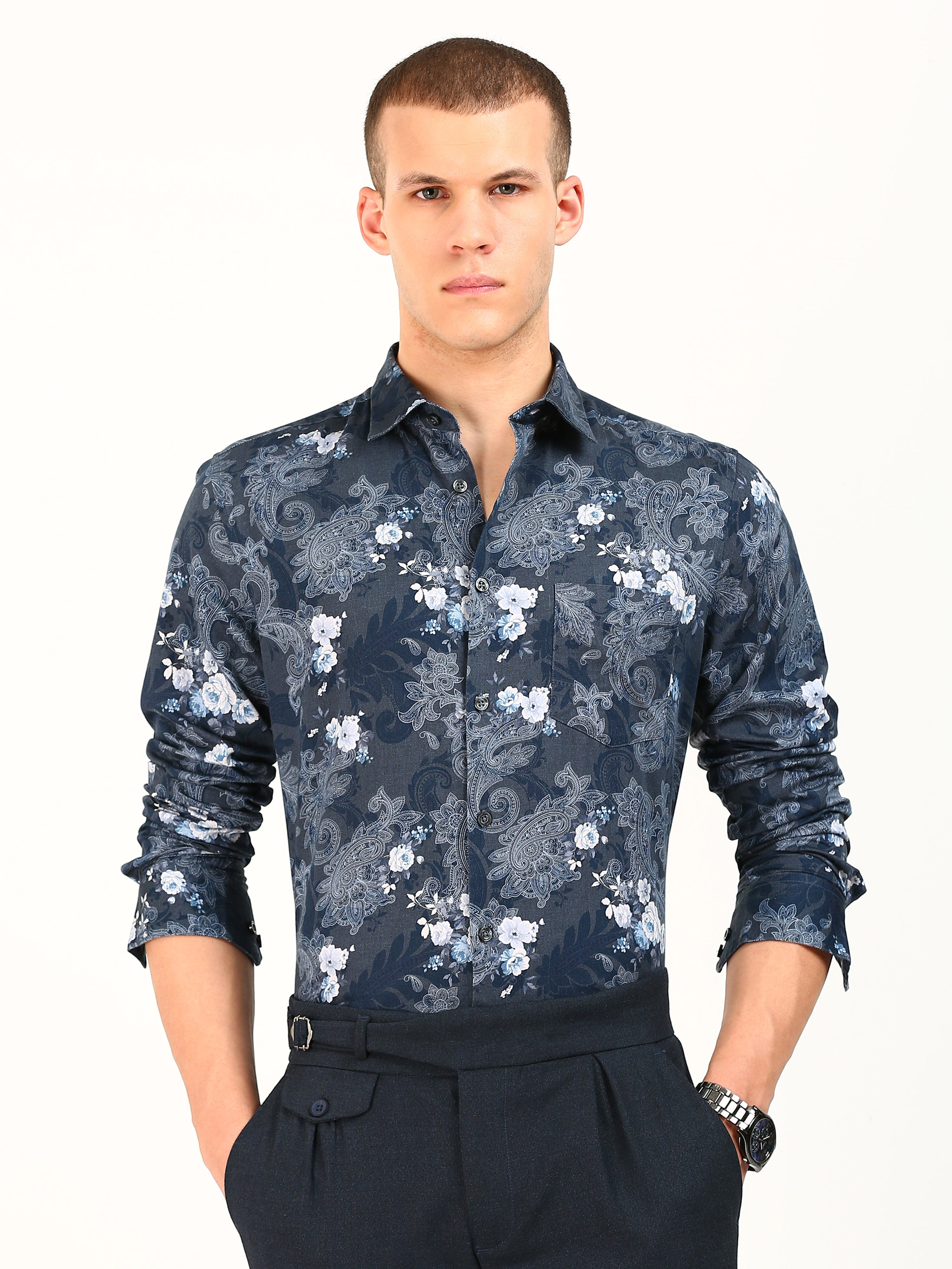 Blue Floral Cotton Print Shirt