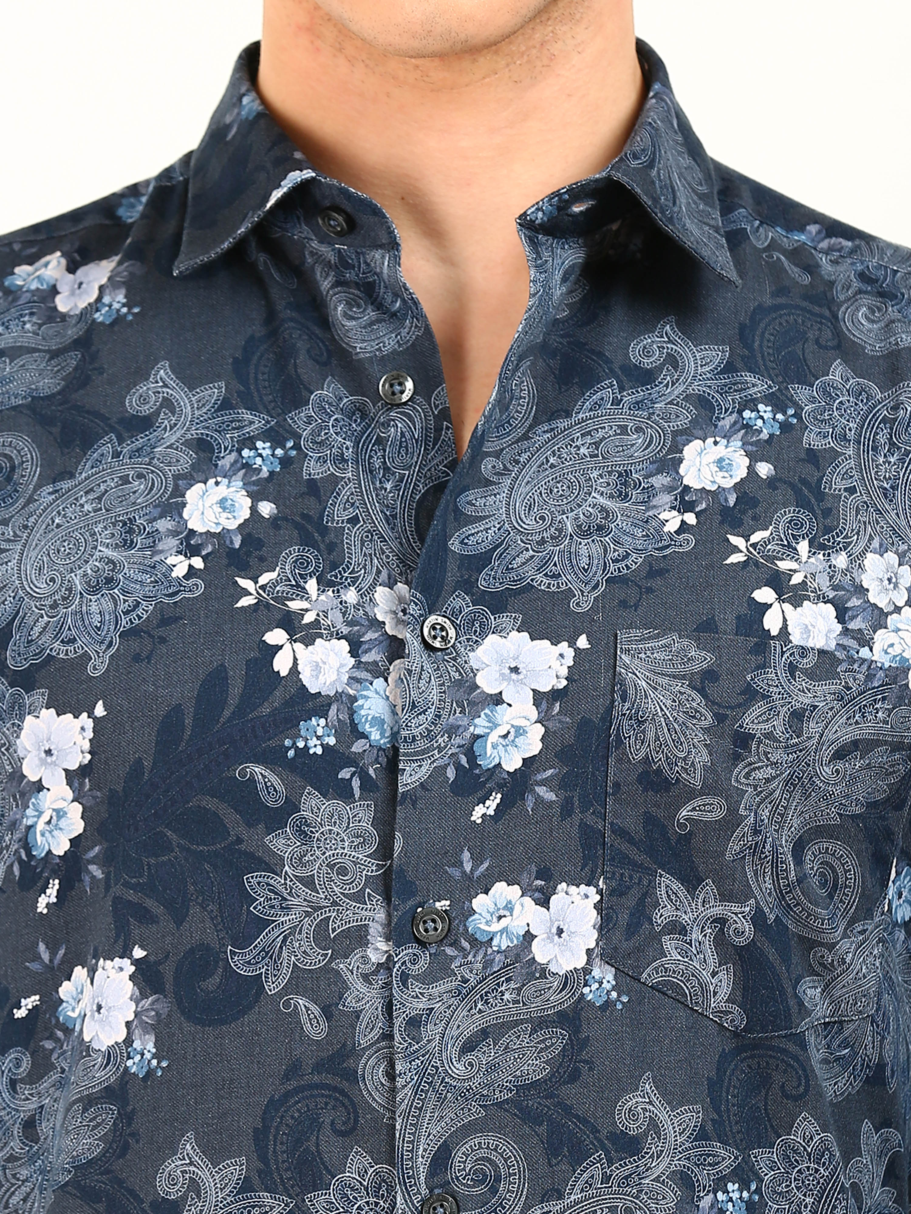 Blue Floral Cotton Print Shirt