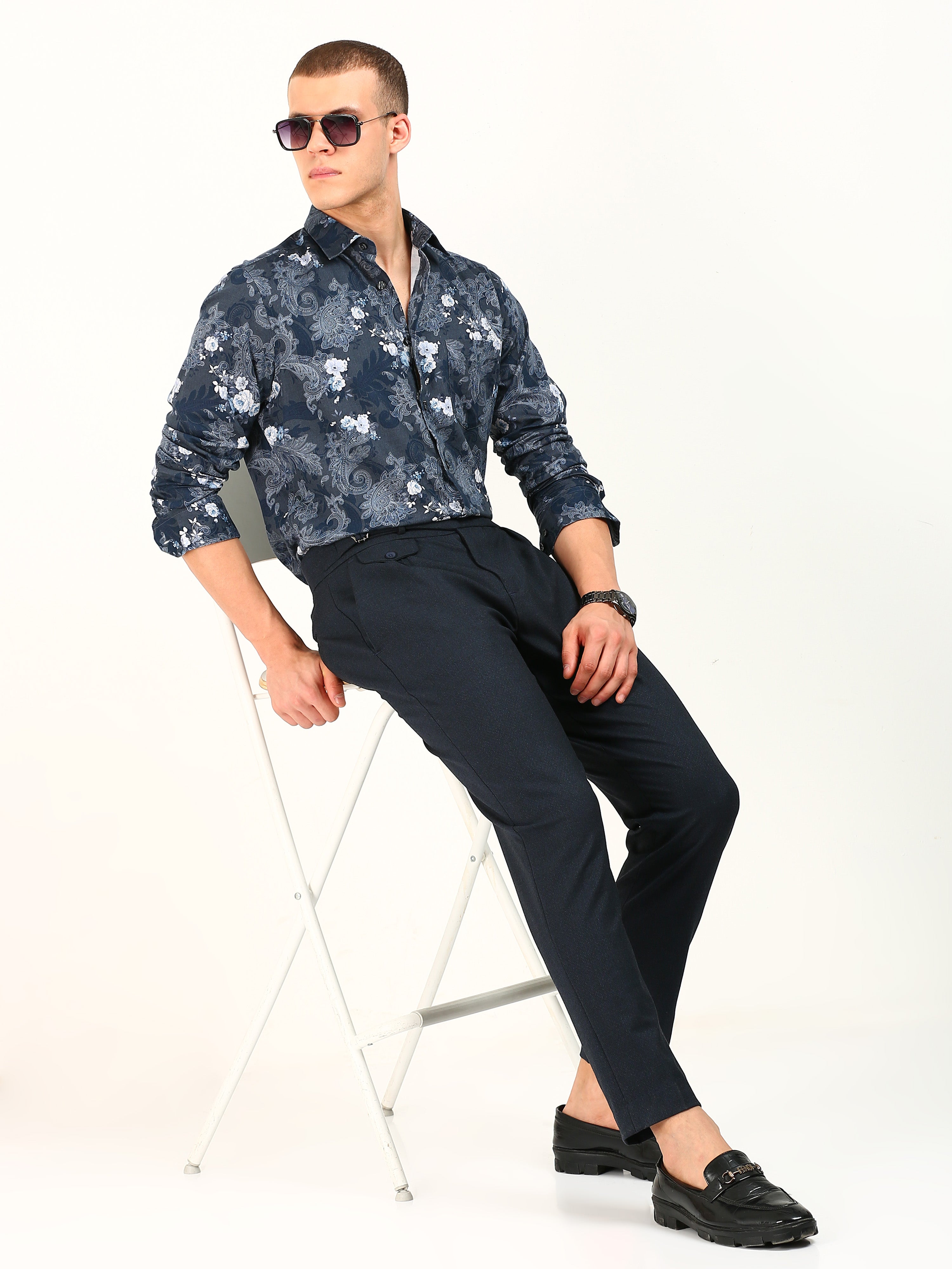 Blue Floral Cotton Print Shirt