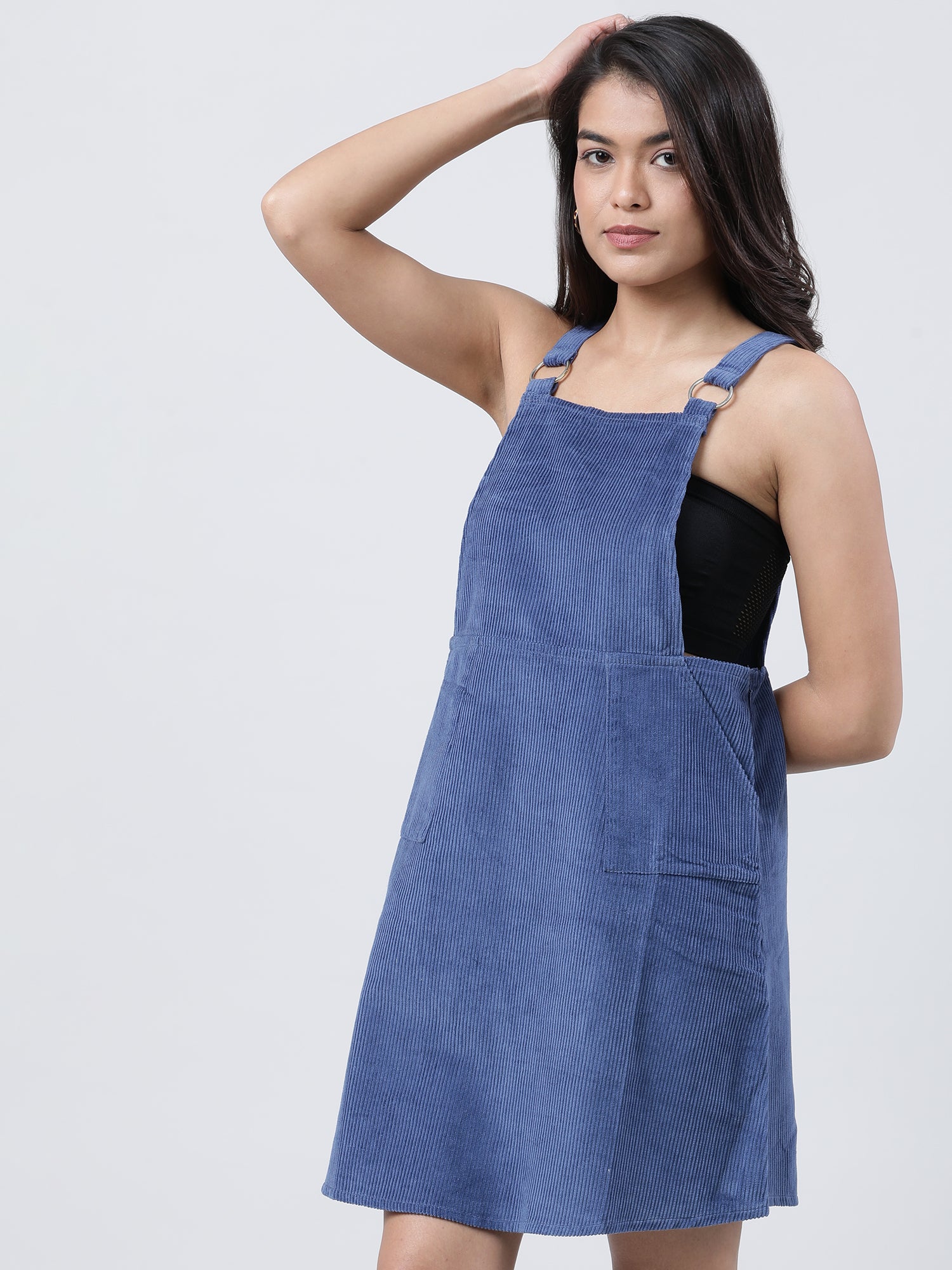 Women Loose Fit Ribbed Dungaree Dress