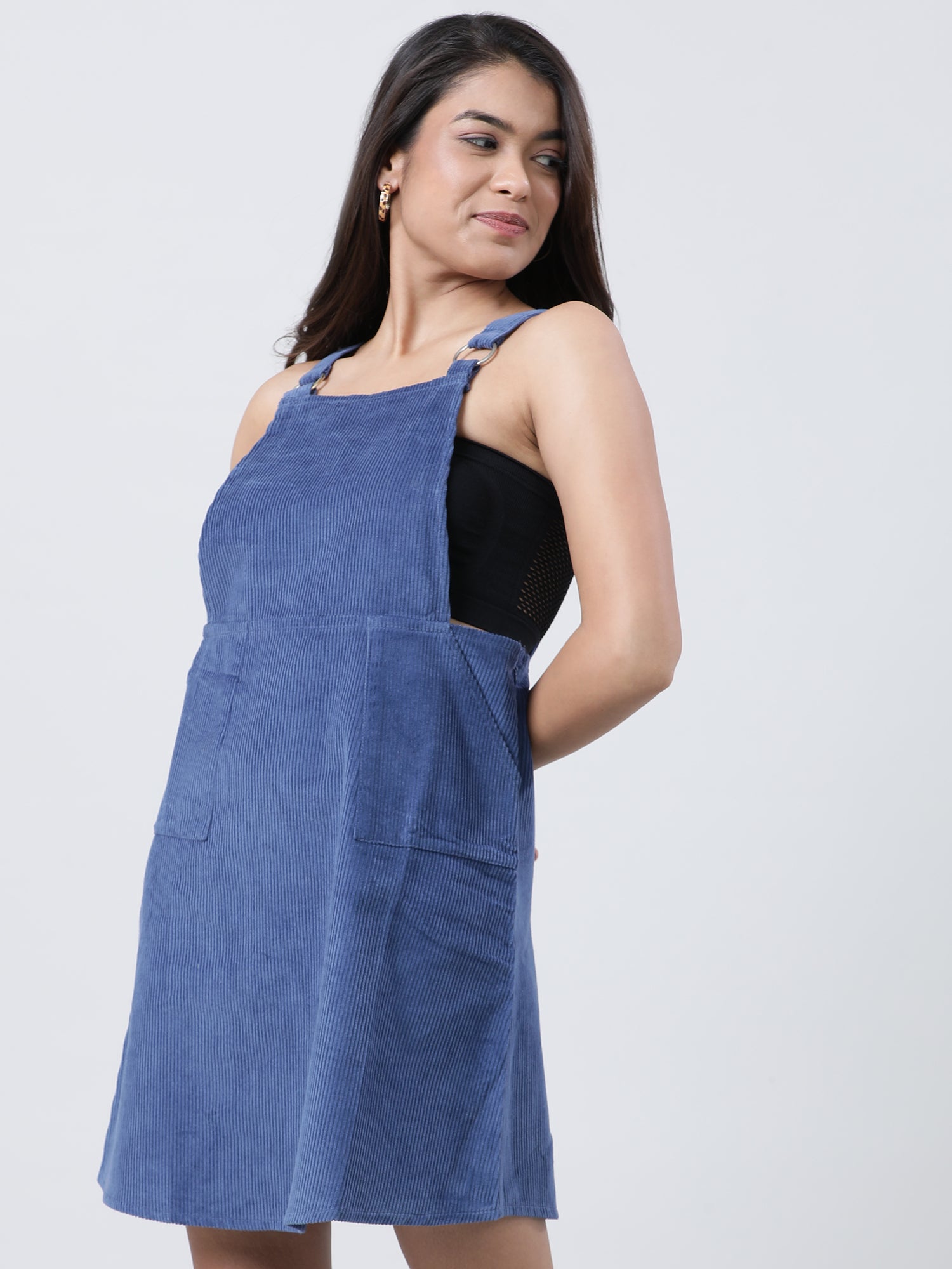 Women Loose Fit Ribbed Dungaree Dress