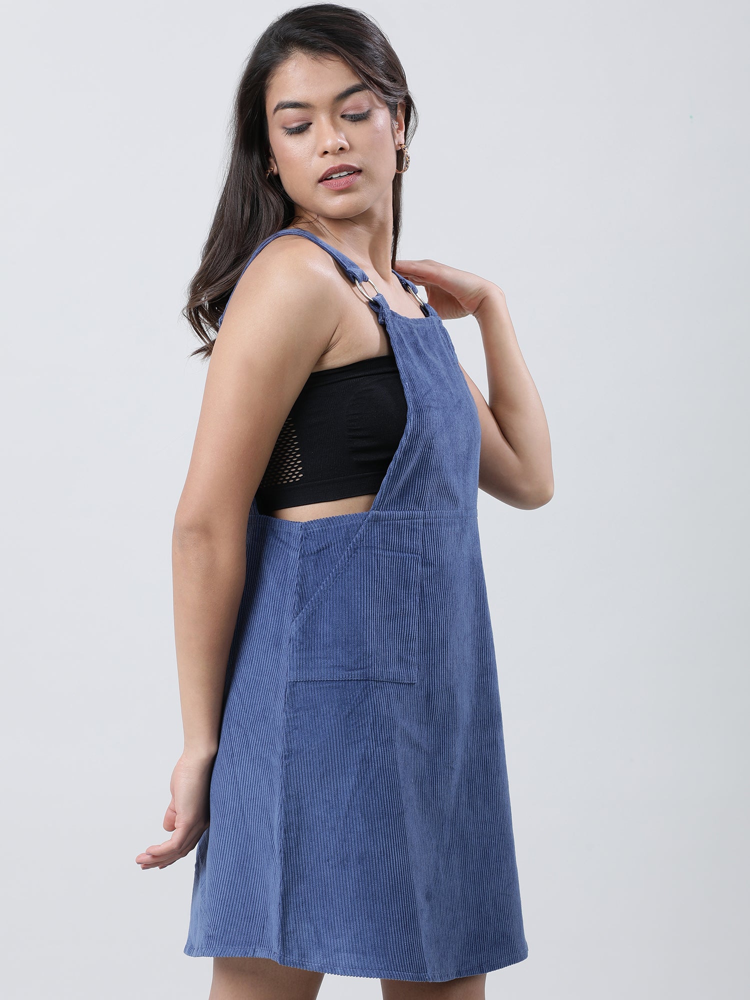 Women Loose Fit Ribbed Dungaree Dress