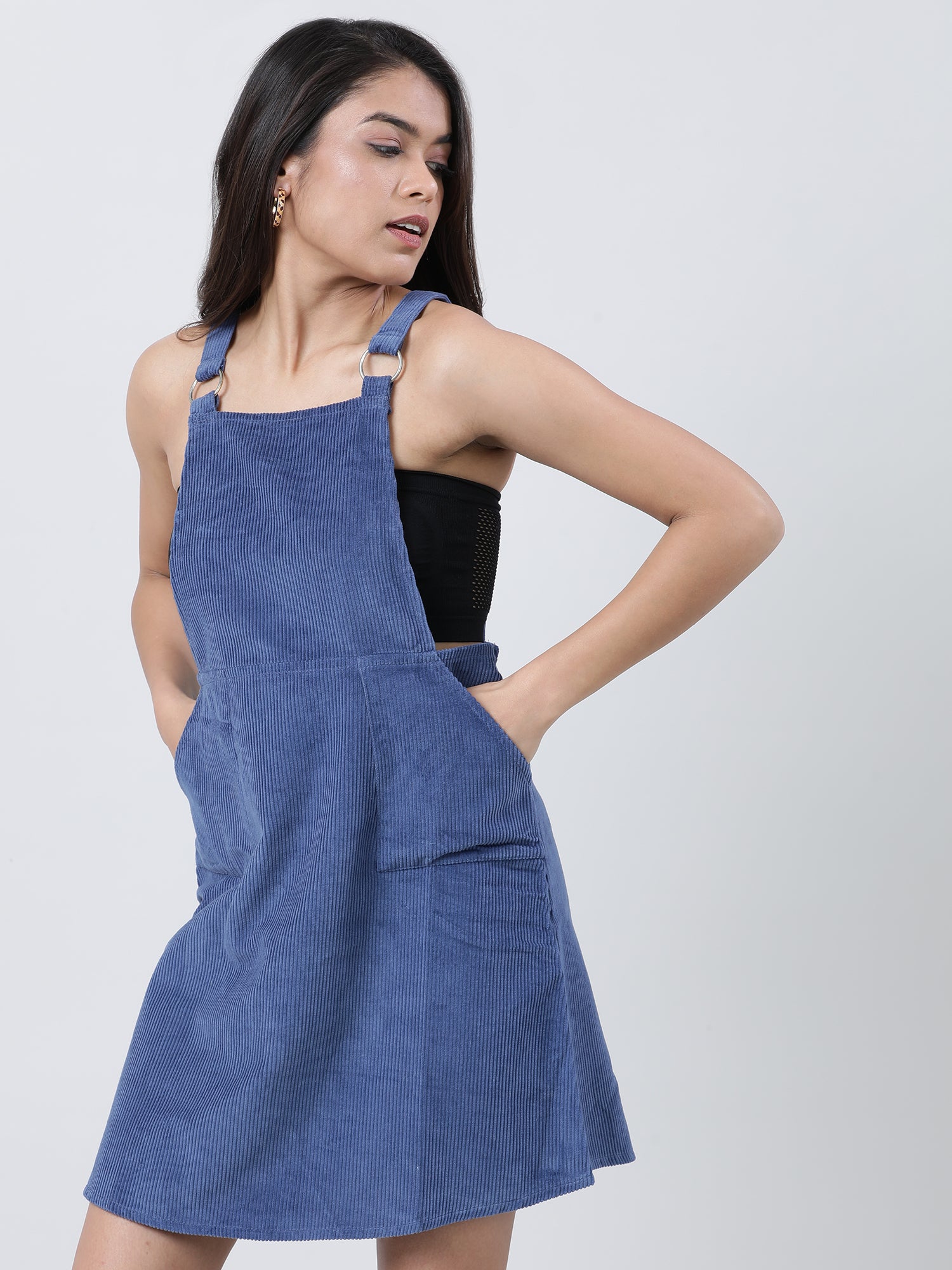 Women Loose Fit Ribbed Dungaree Dress
