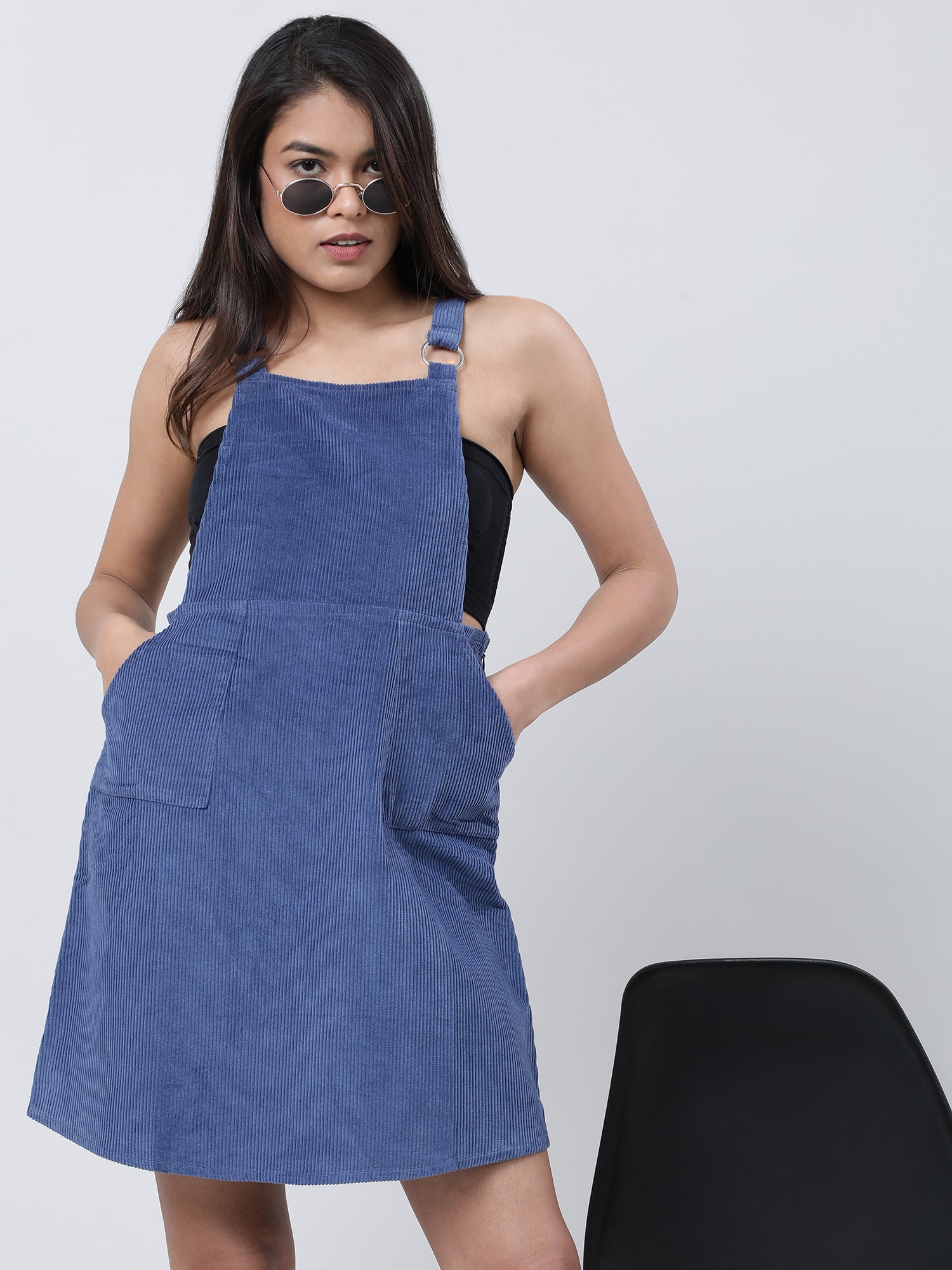 Women Loose Fit Ribbed Dungaree Dress
