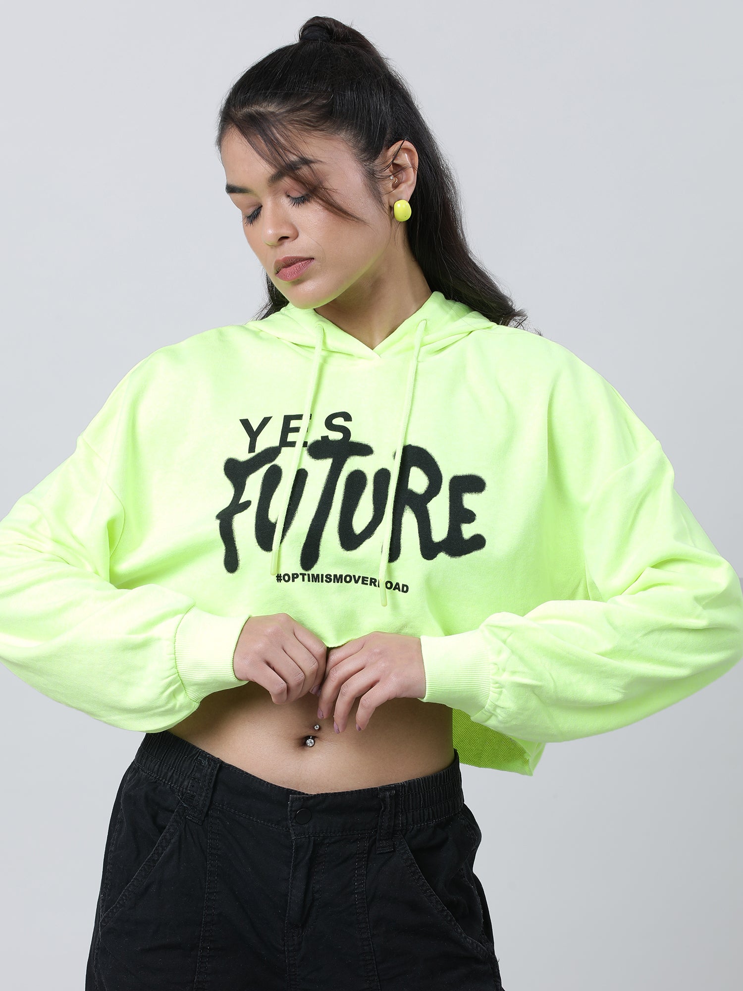 Women Loose Fit Green Typography Print Crop Top