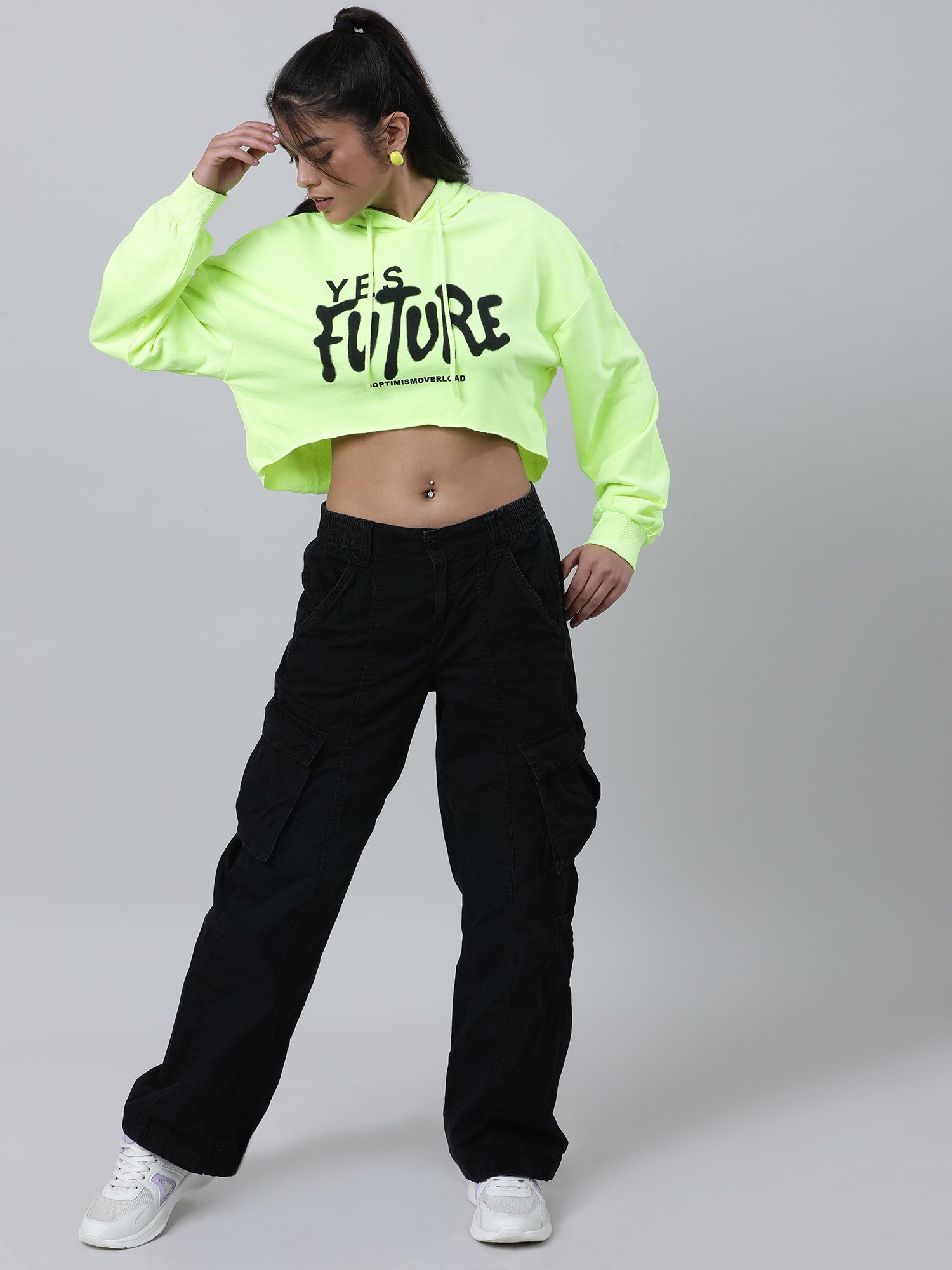 Women Loose Fit Green Typography Print Crop Top