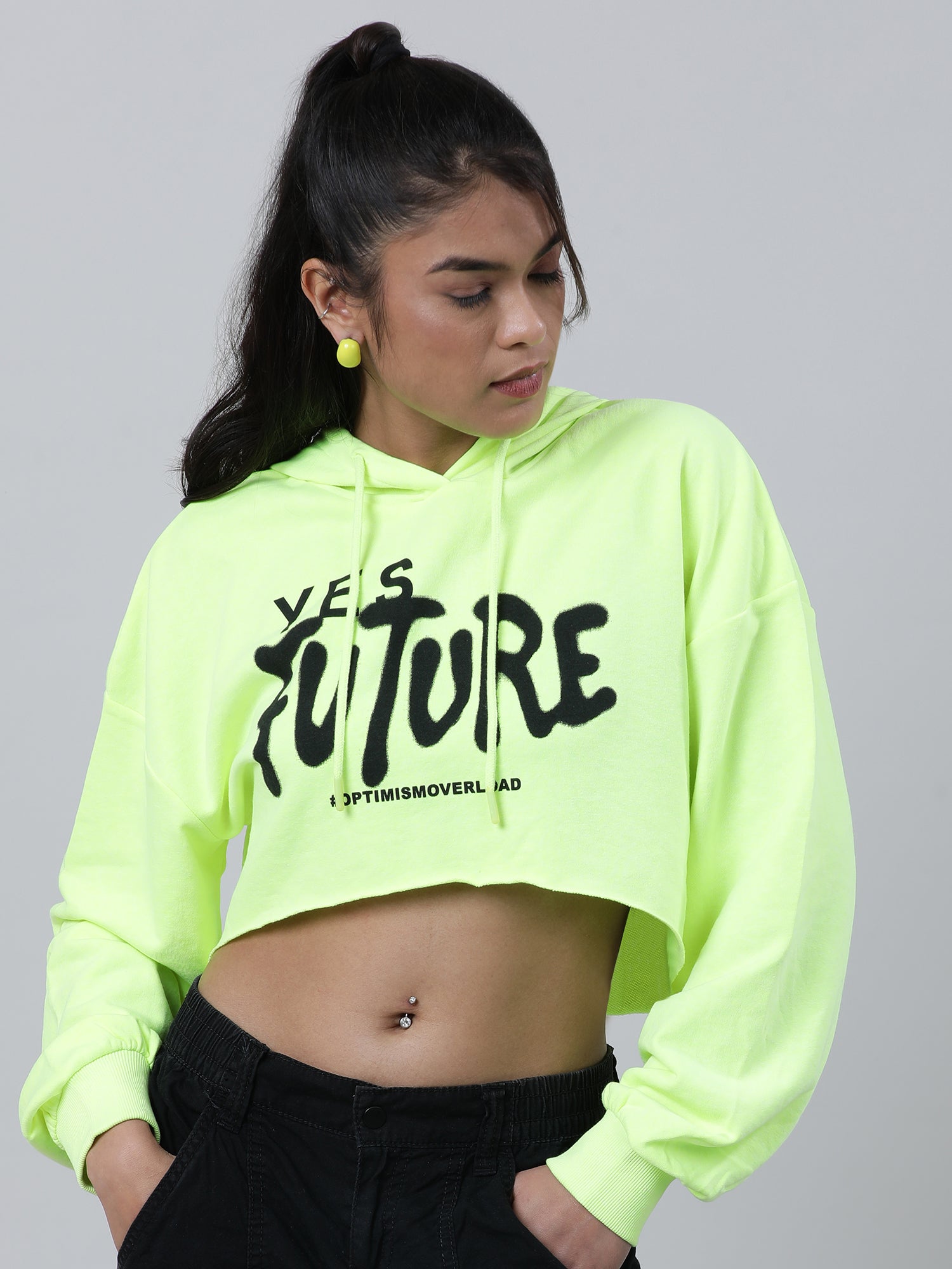 Women Loose Fit Green Typography Print Crop Top