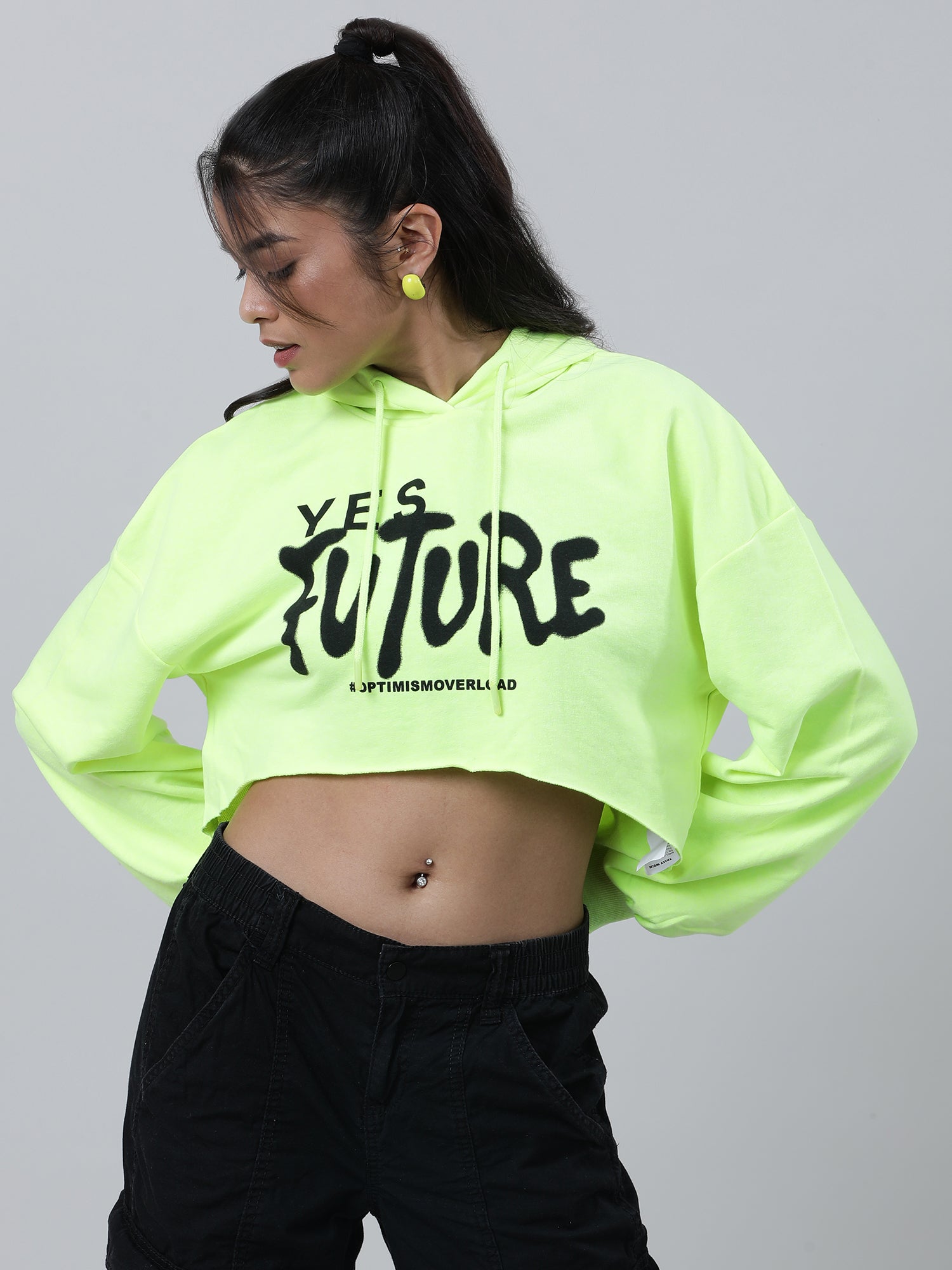 Women Loose Fit Green Typography Print Crop Top