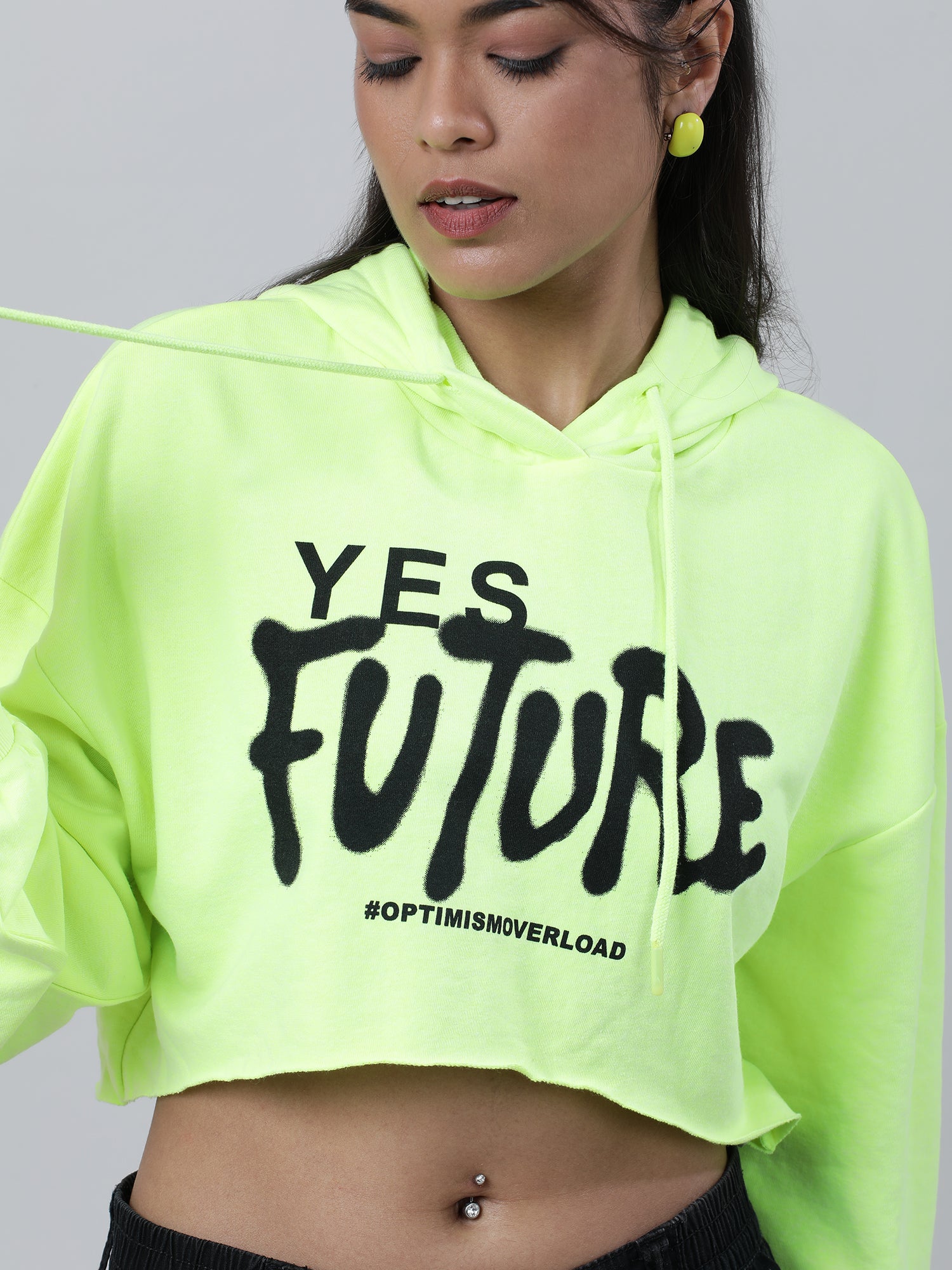 Women Loose Fit Green Typography Print Crop Top