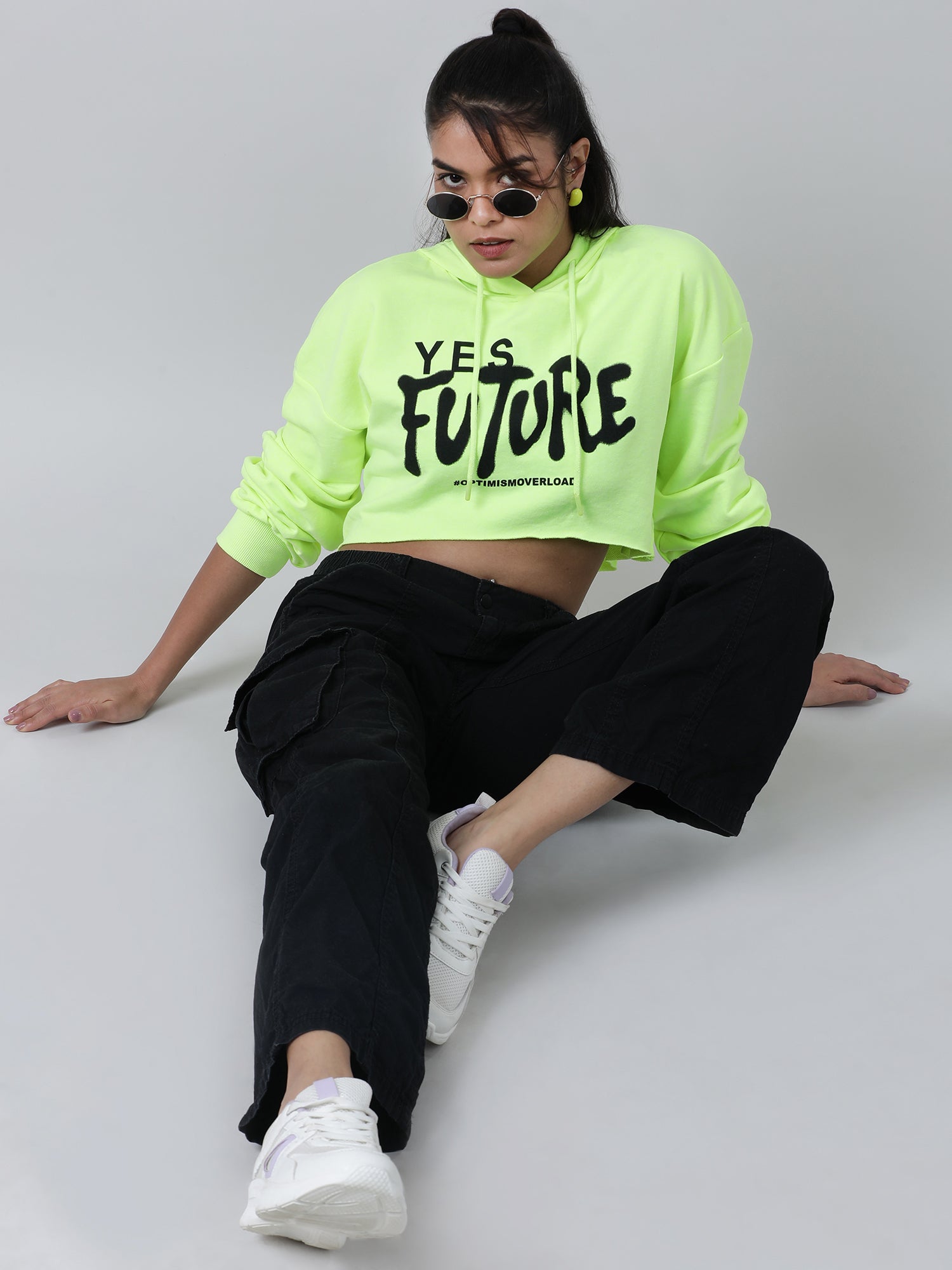 Women Loose Fit Green Typography Print Crop Top