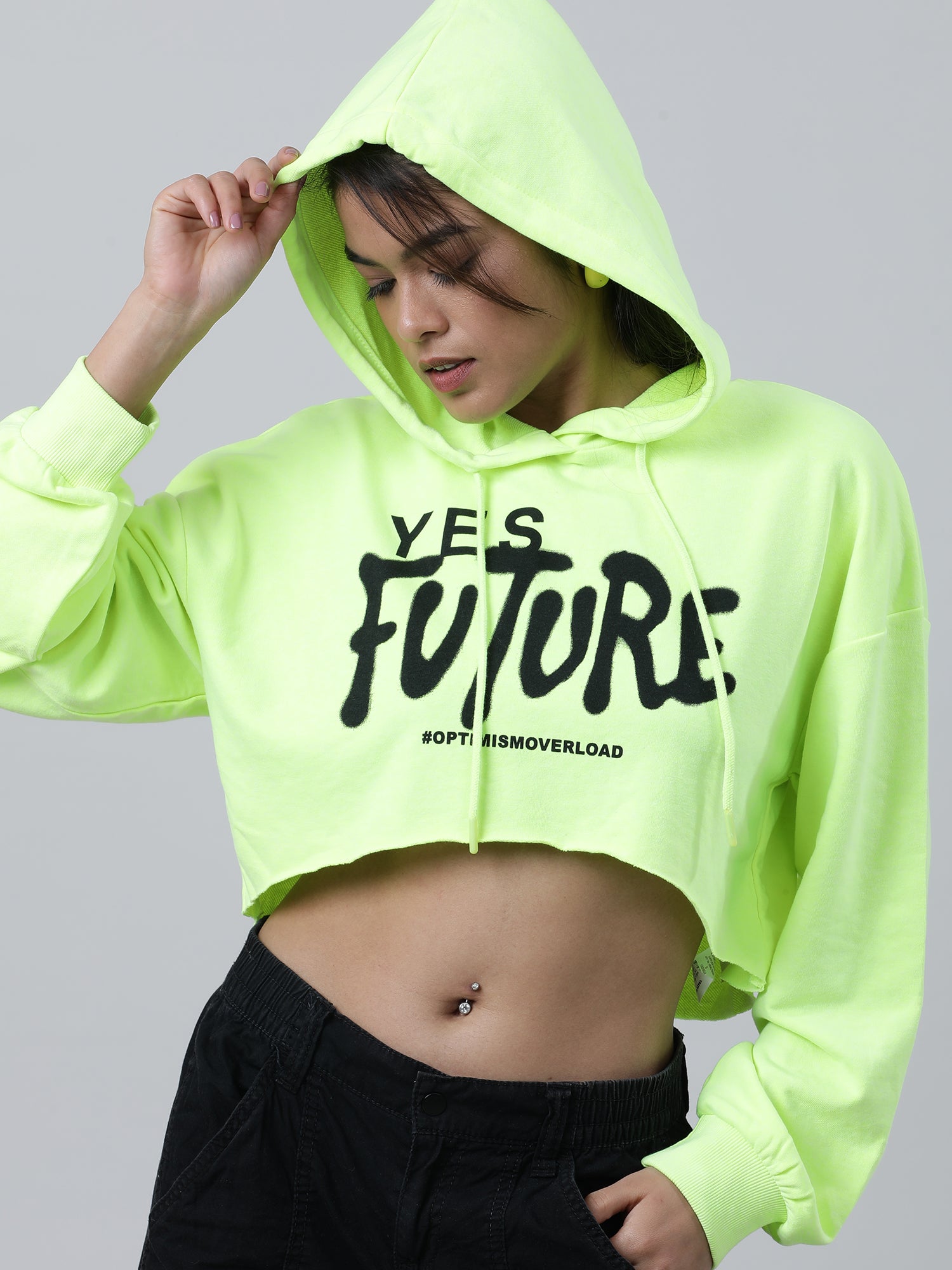 Women Loose Fit Green Typography Print Crop Top