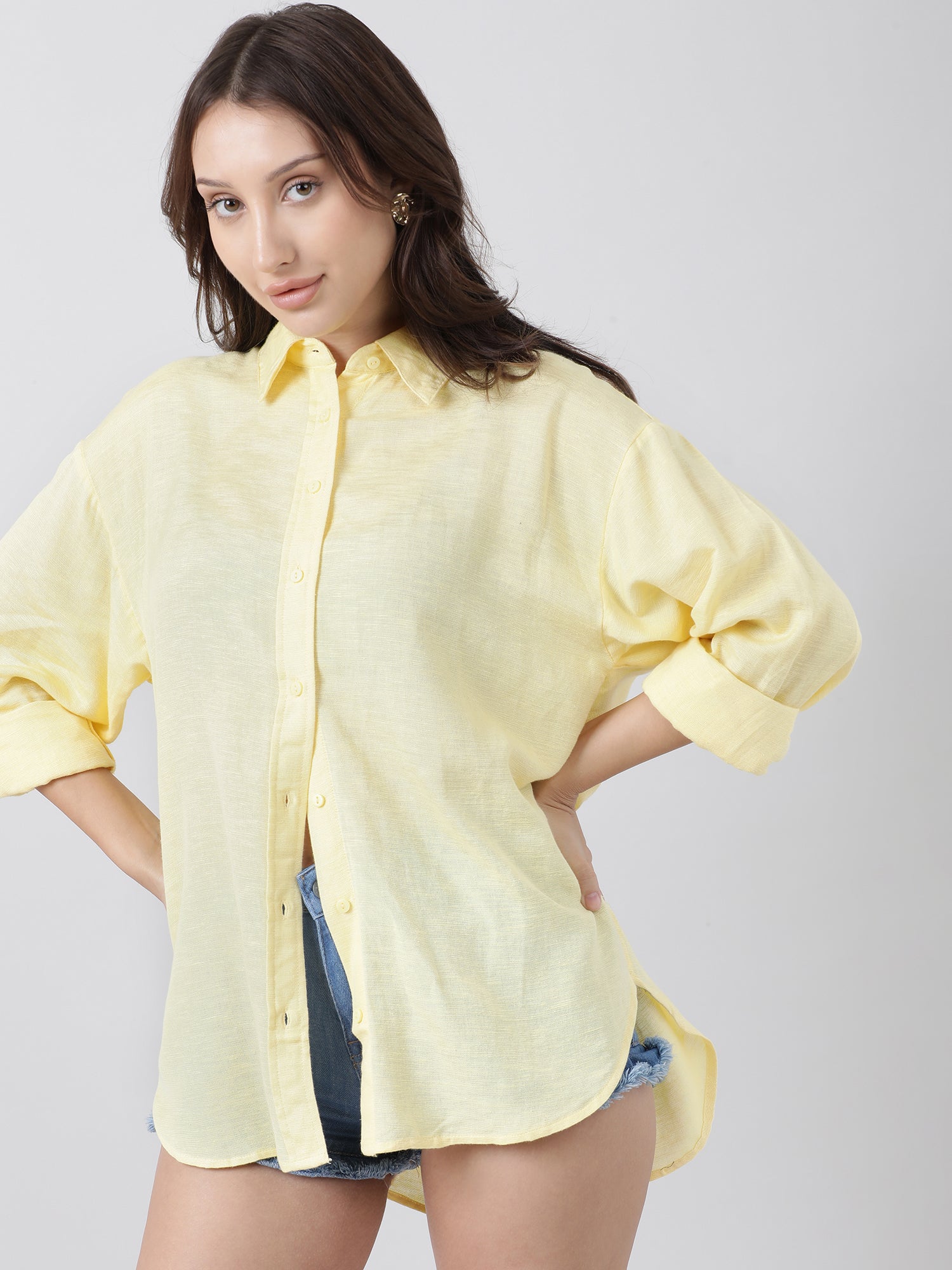 Women Regular Fit Button Down Drop Shoulder Yellow Shirt