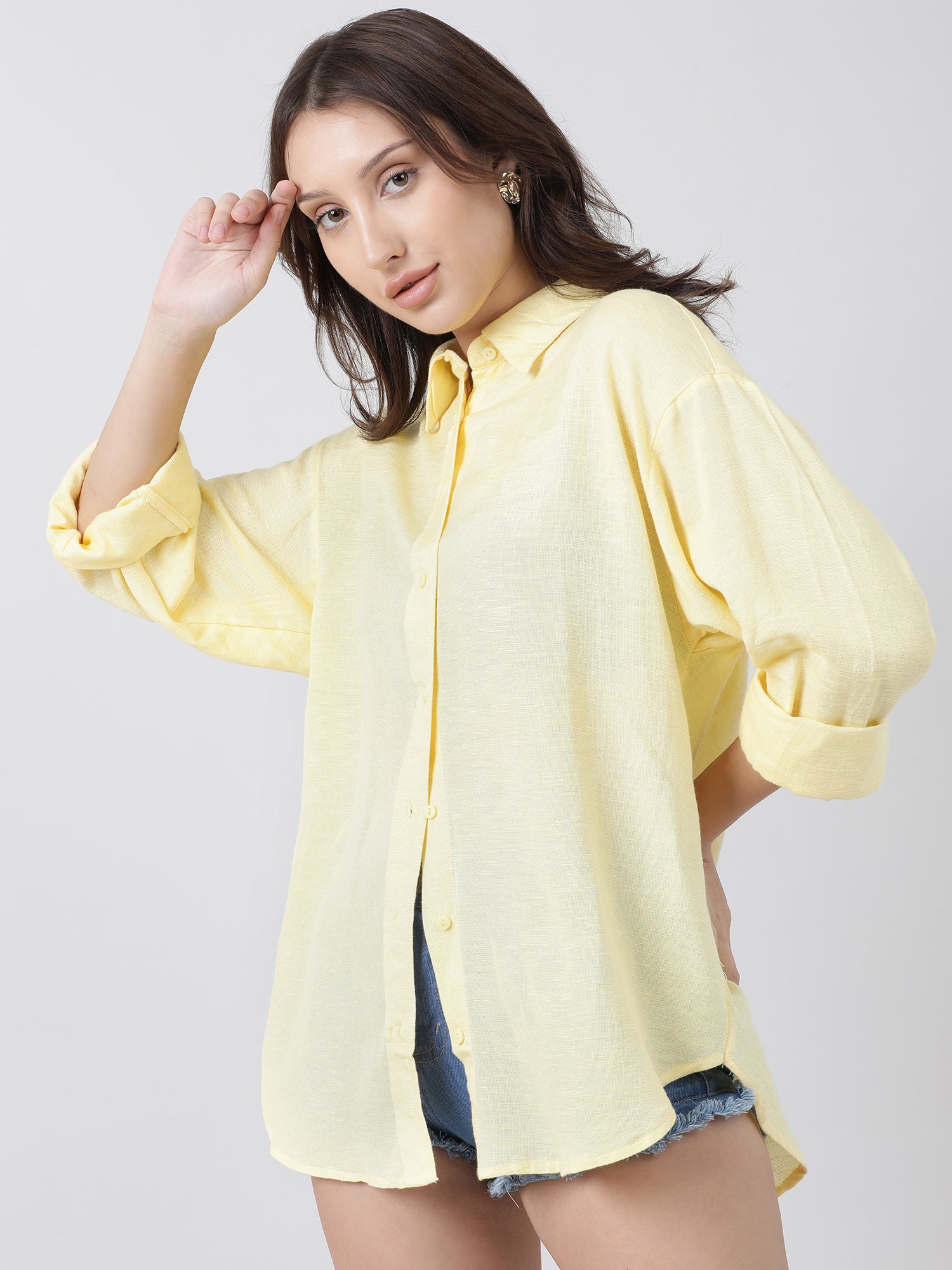 Women Regular Fit Button Down Drop Shoulder Yellow Shirt