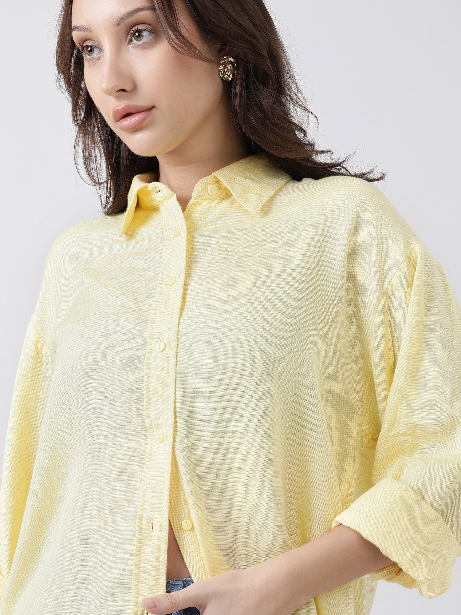 Women Regular Fit Button Down Drop Shoulder Yellow Shirt