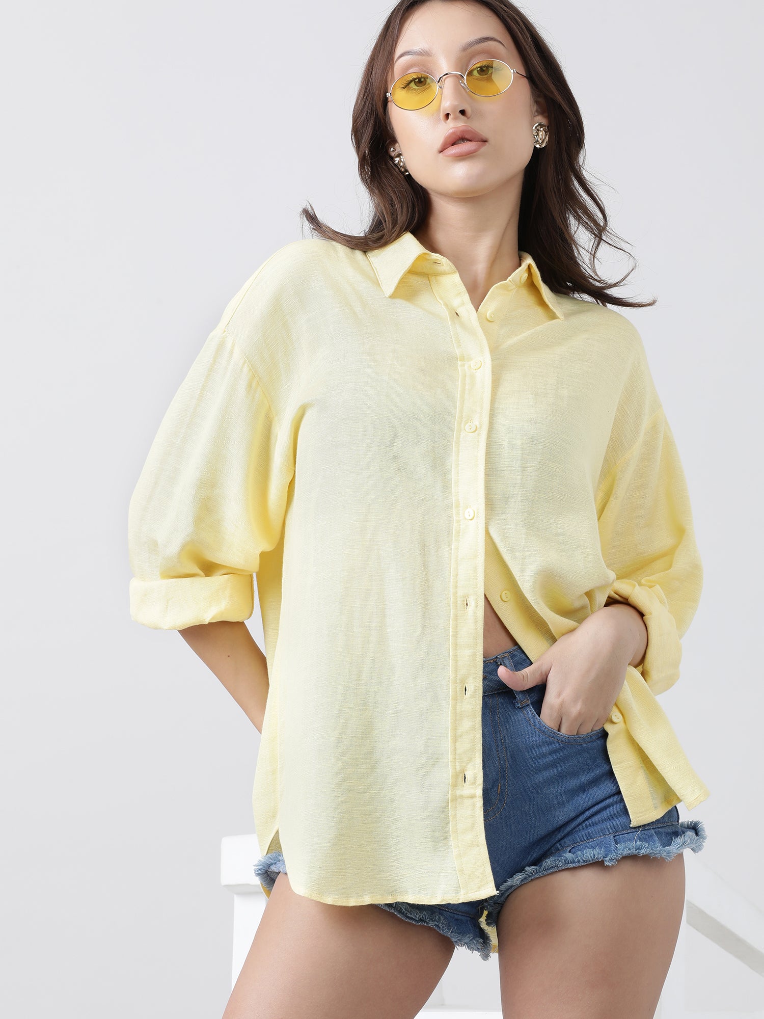 Women Regular Fit Button Down Drop Shoulder Yellow Shirt