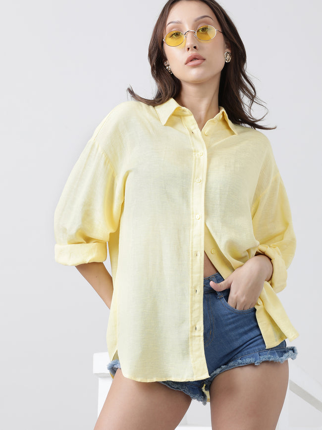 Women Oversize Drop Shoulder Yellow Shirt