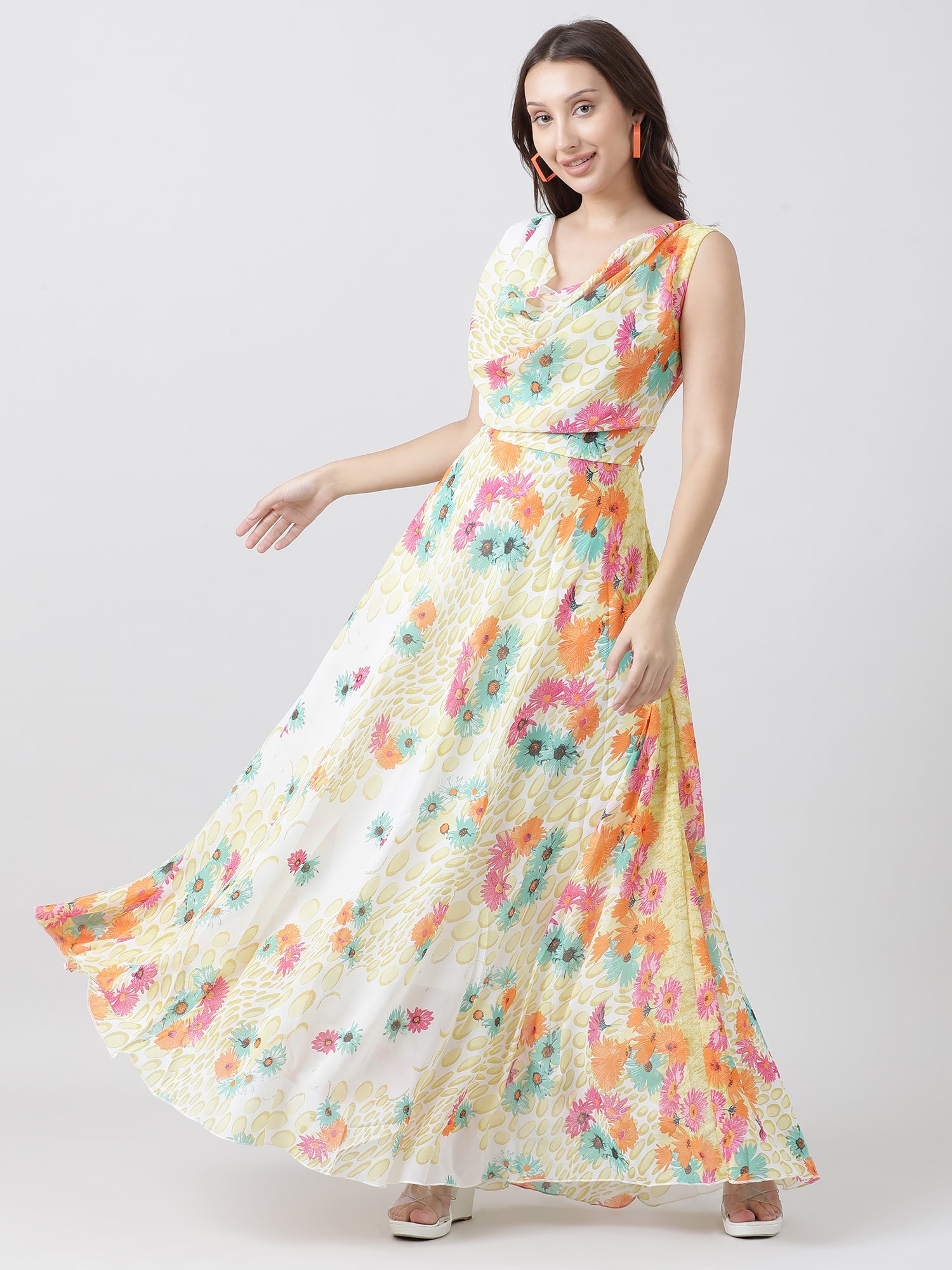 Women Relaxed Fit Yellow Floral Print Maxi Dress