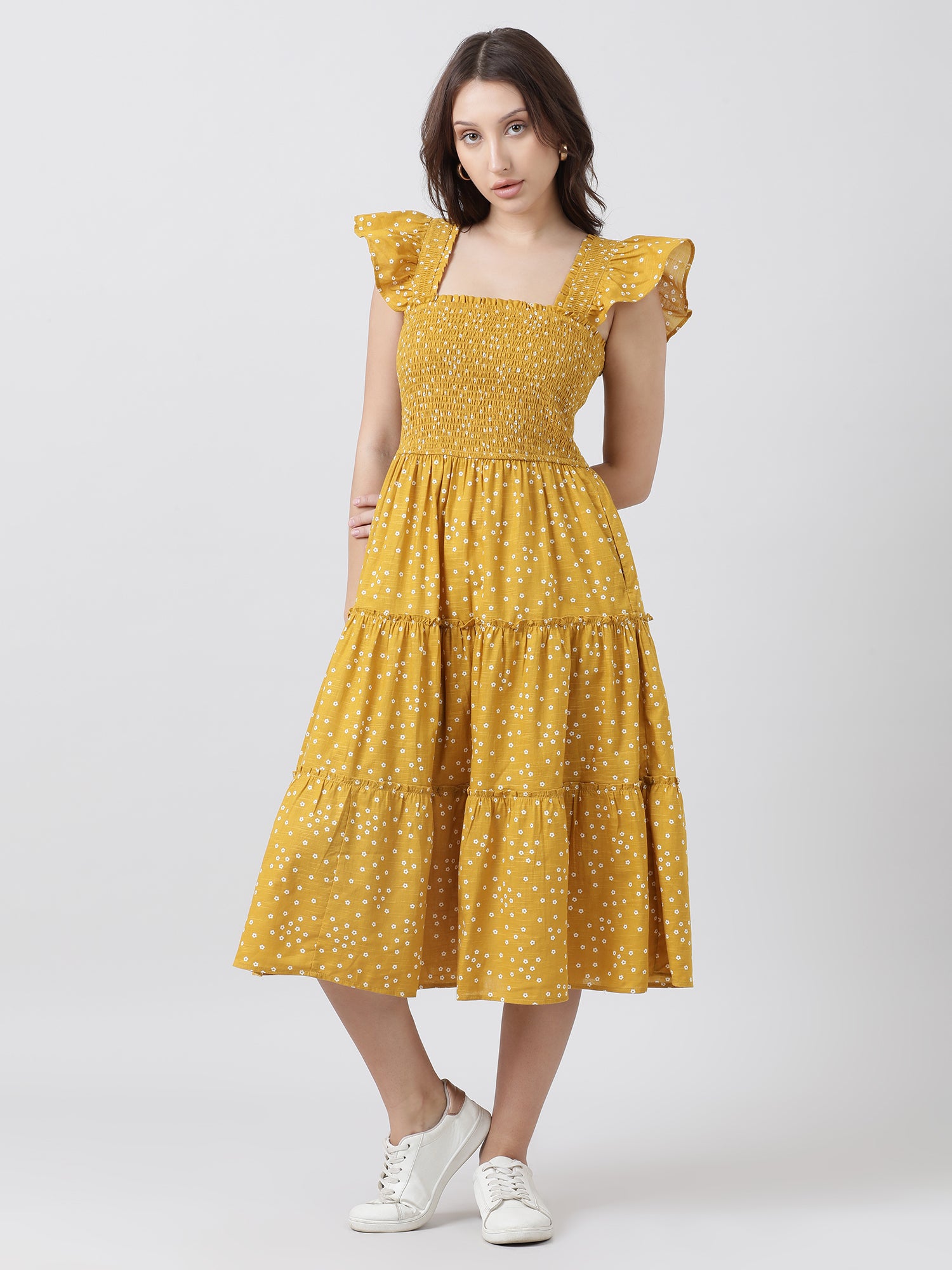 Women Regular Fit Yellow Printed A Line Midi Dress