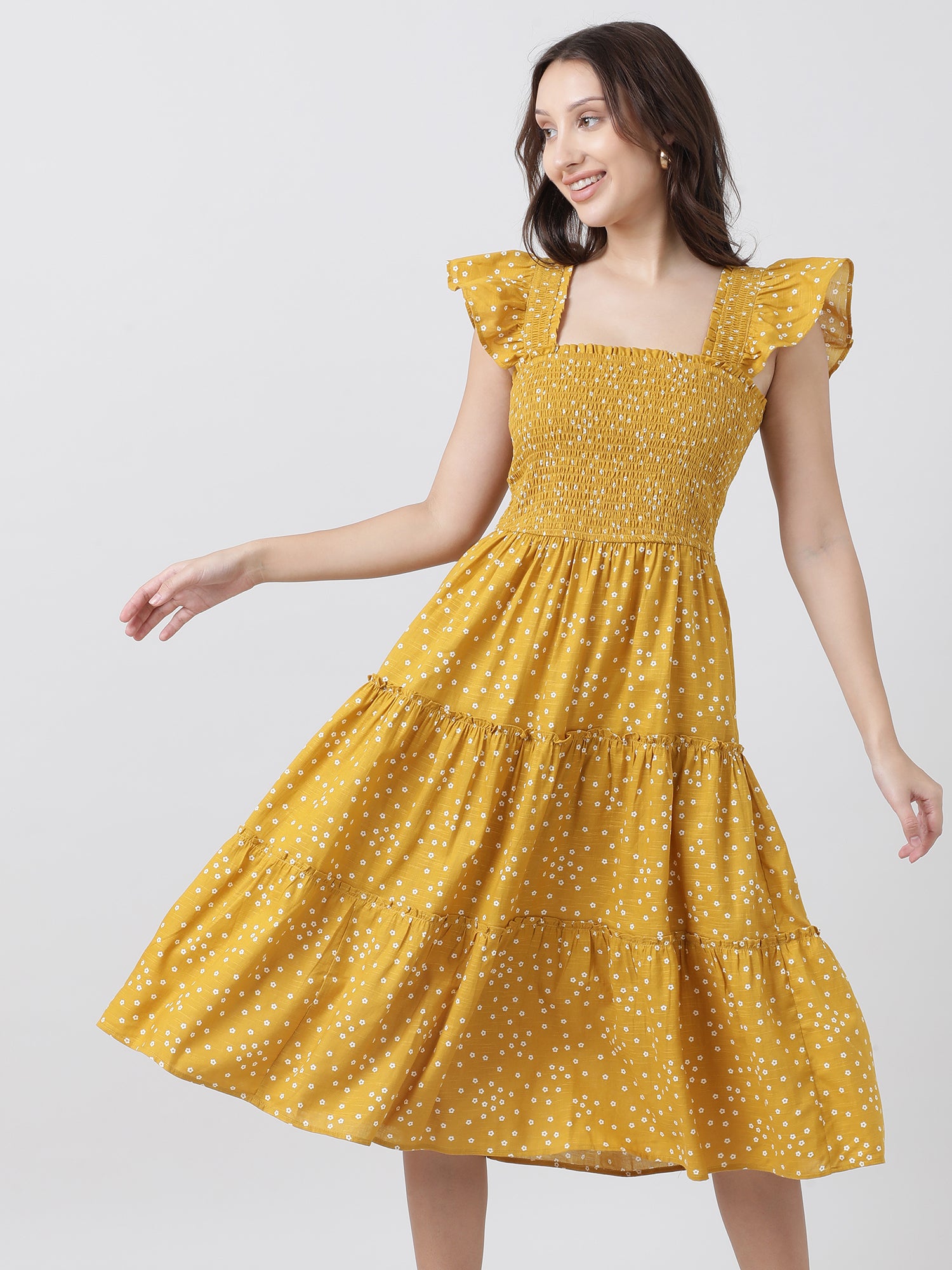 Women Regular Fit Yellow Printed A Line Midi Dress