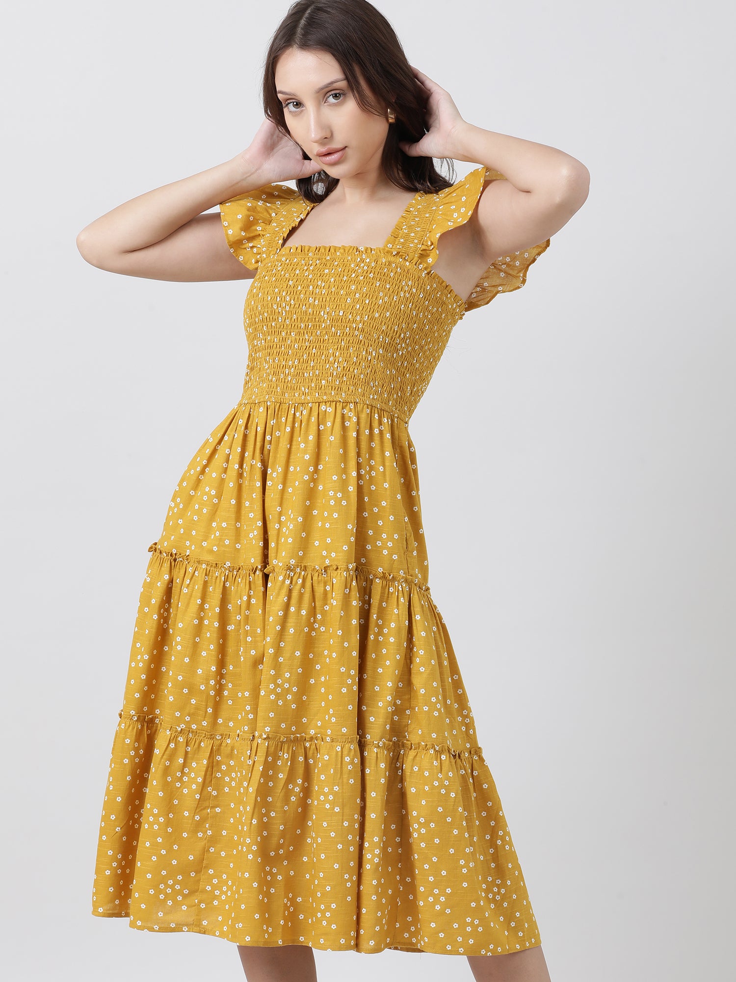 Women Regular Fit Yellow Printed A Line Midi Dress