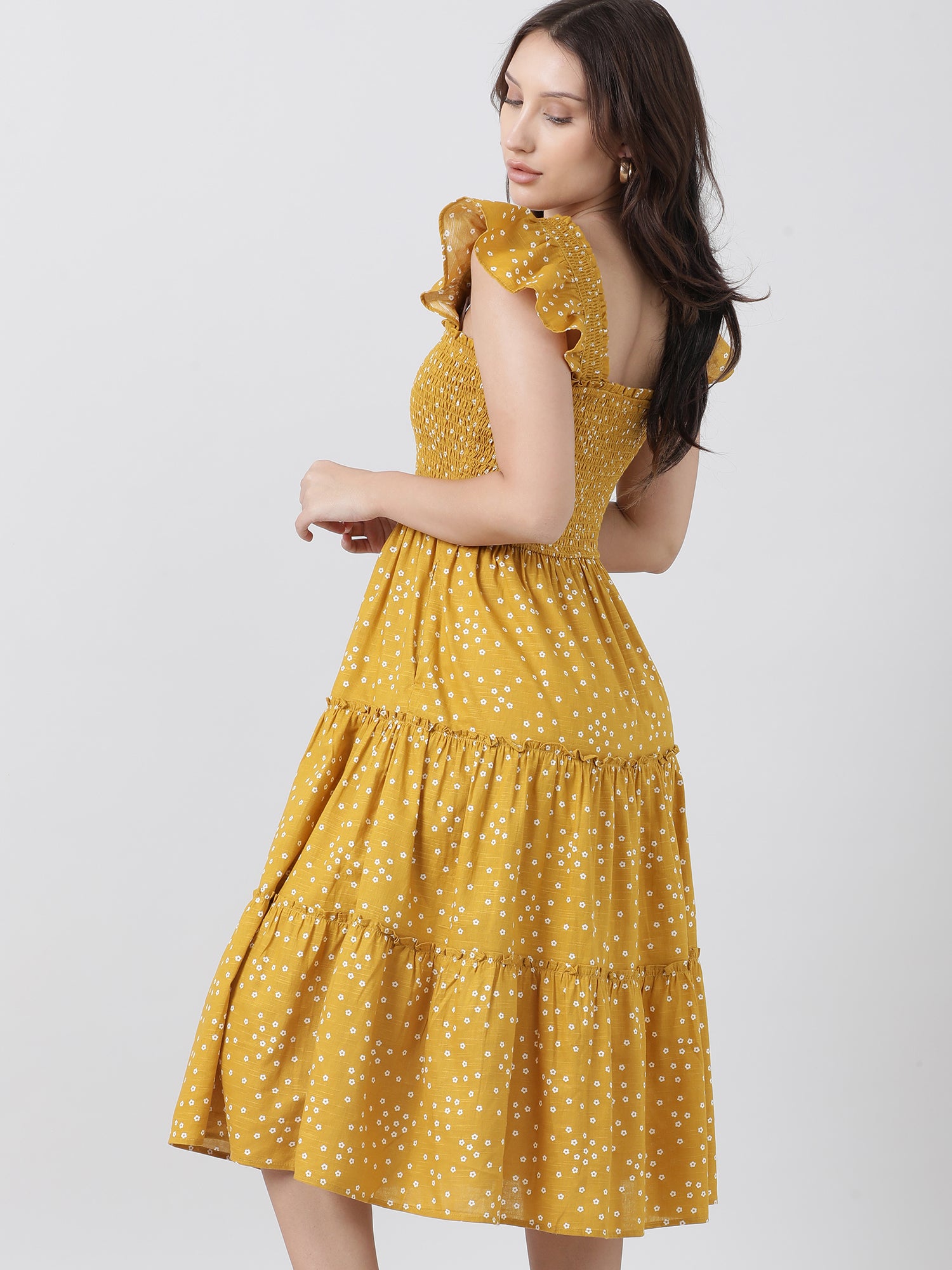 Women Regular Fit Yellow Printed A Line Midi Dress