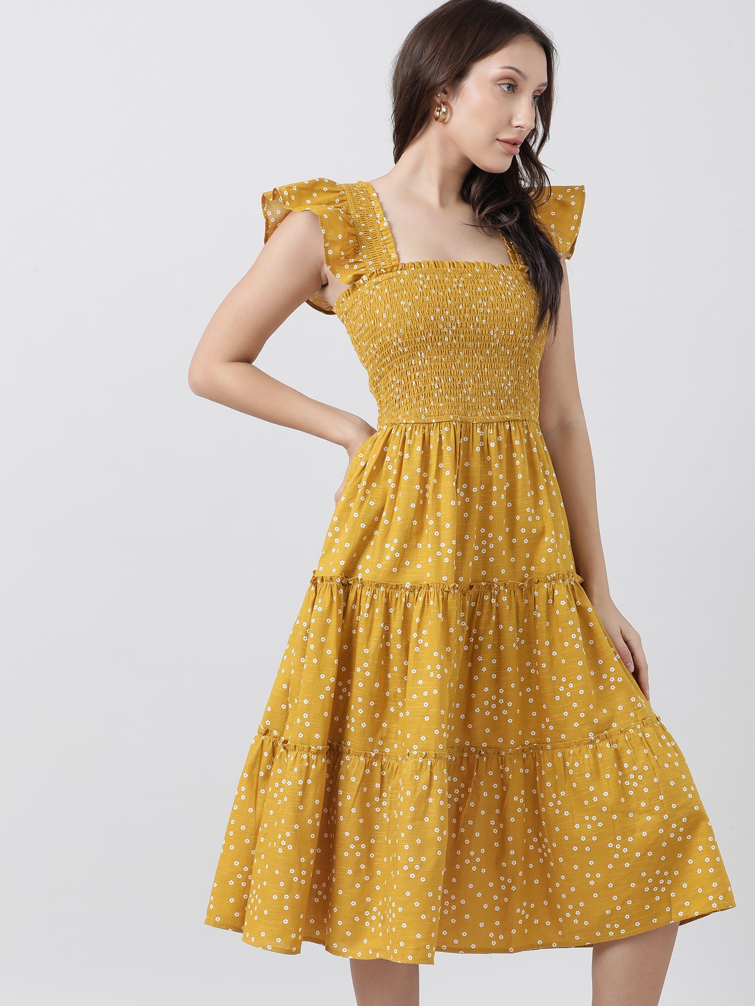 Women Regular Fit Yellow Printed A Line Midi Dress