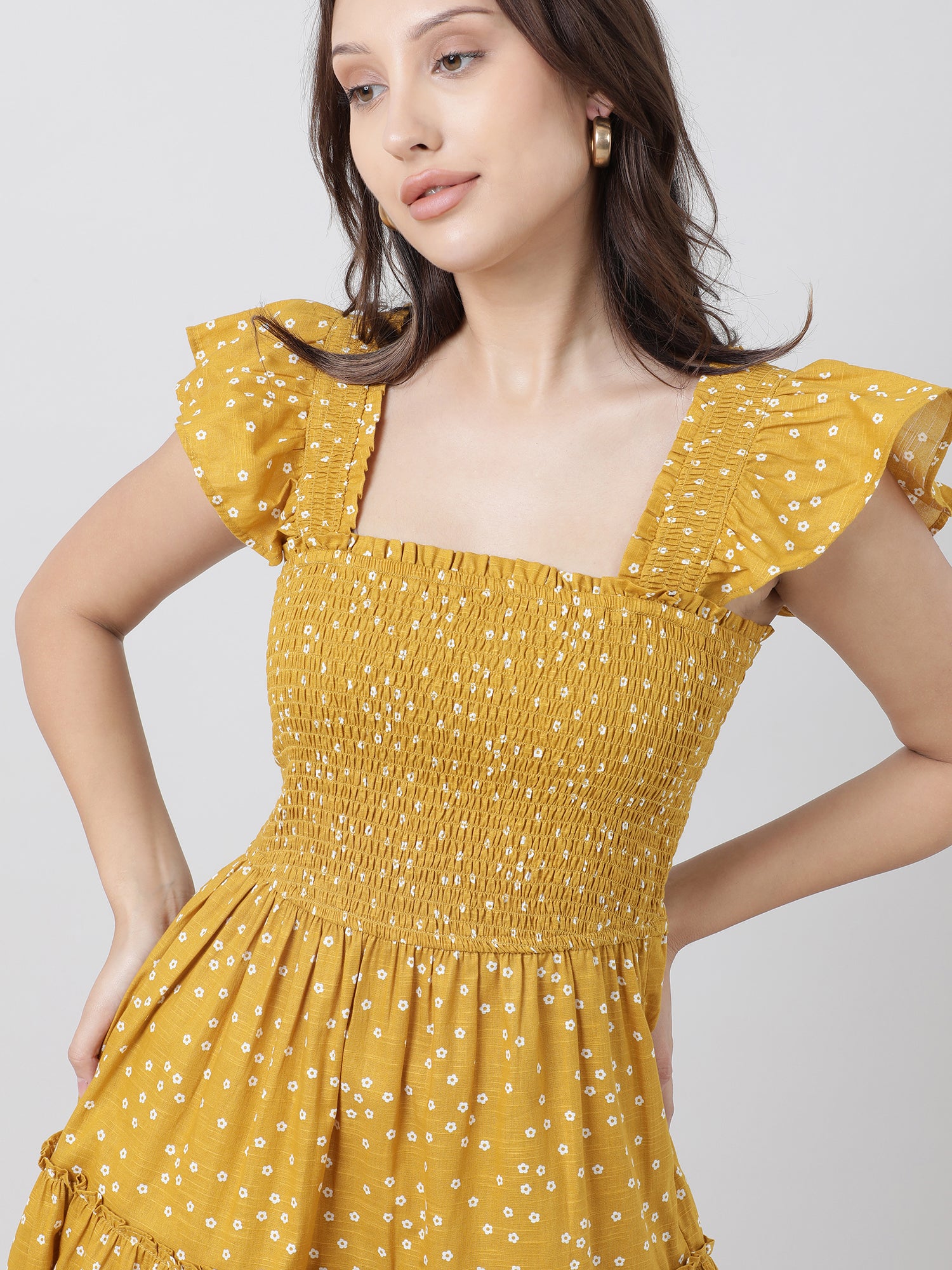 Women Regular Fit Yellow Printed A Line Midi Dress