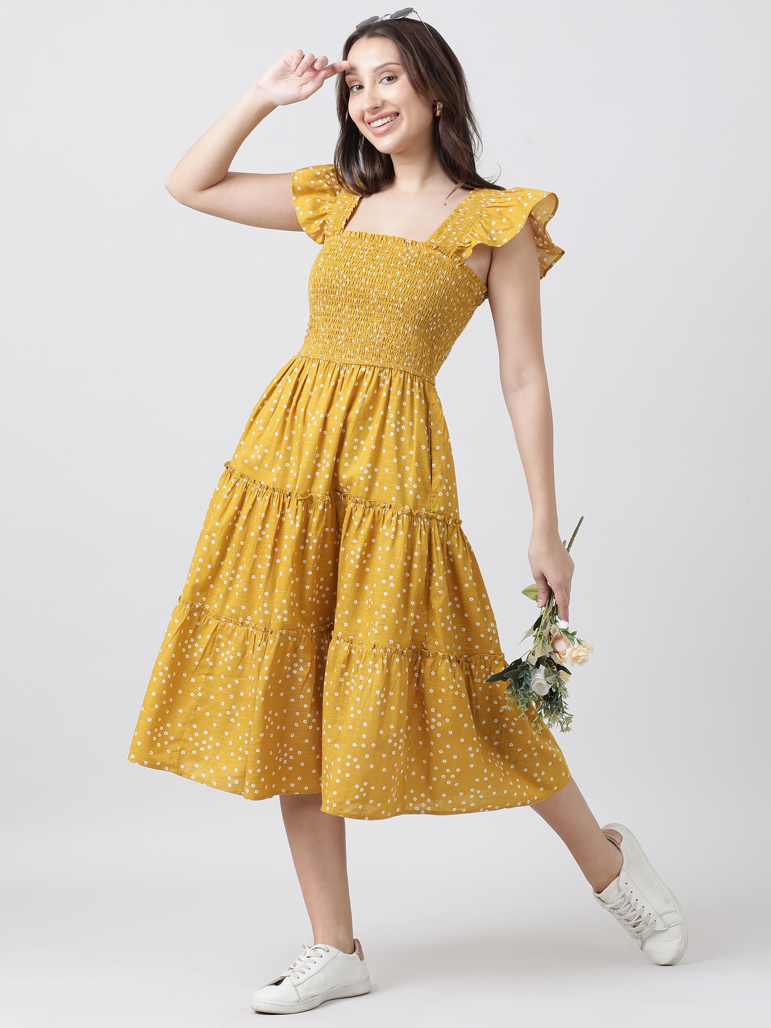 Women Regular Fit Yellow Printed A Line Midi Dress