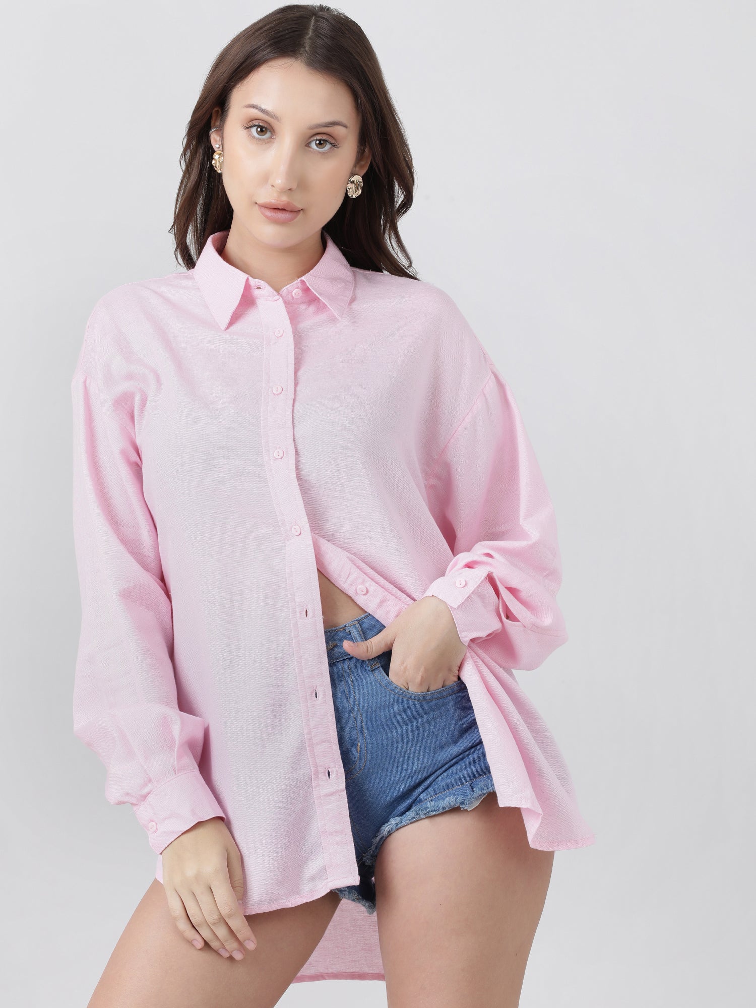 Women Regular Fit Button Down Drop Shoulder Pink Shirt