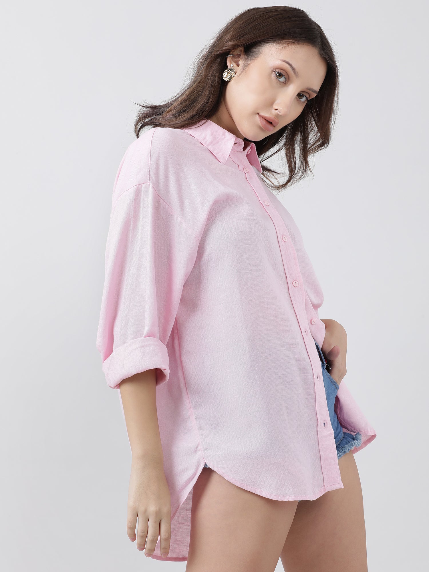 Women Regular Fit Button Down Drop Shoulder Pink Shirt