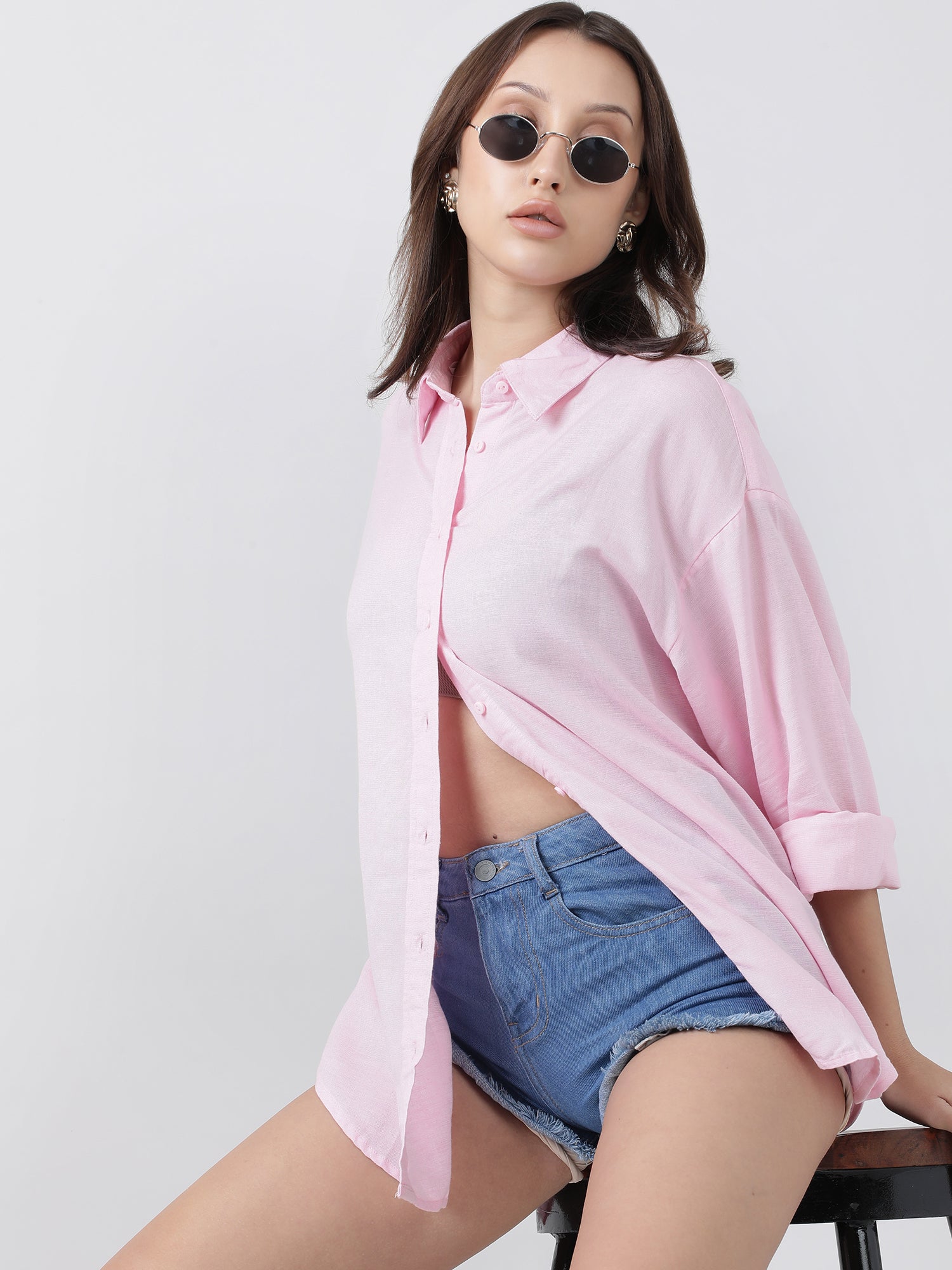 Women Regular Fit Button Down Drop Shoulder Pink Shirt