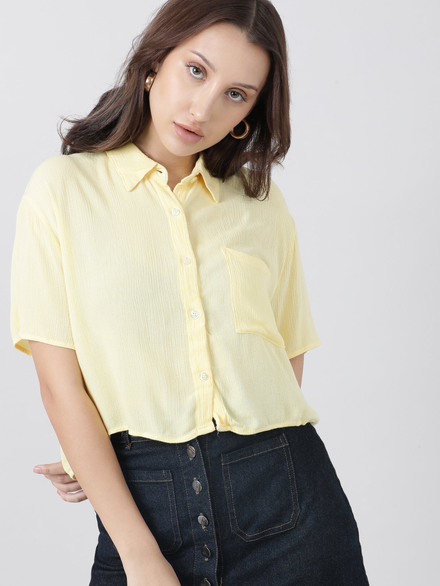 Women Regular Fit High Low Button Down Light Yellow Shirt