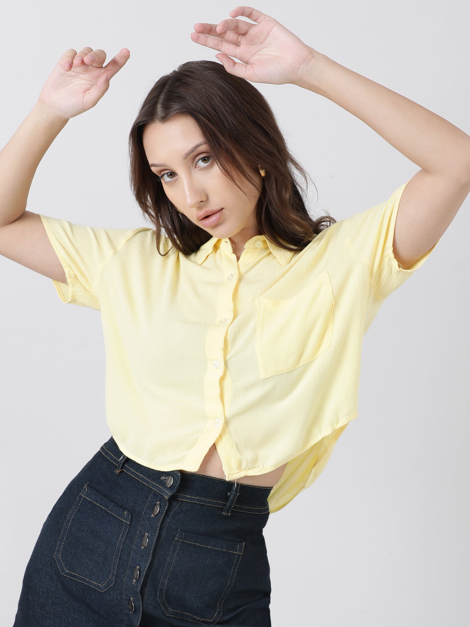 Women Regular Fit High Low Button Down Light Yellow Shirt