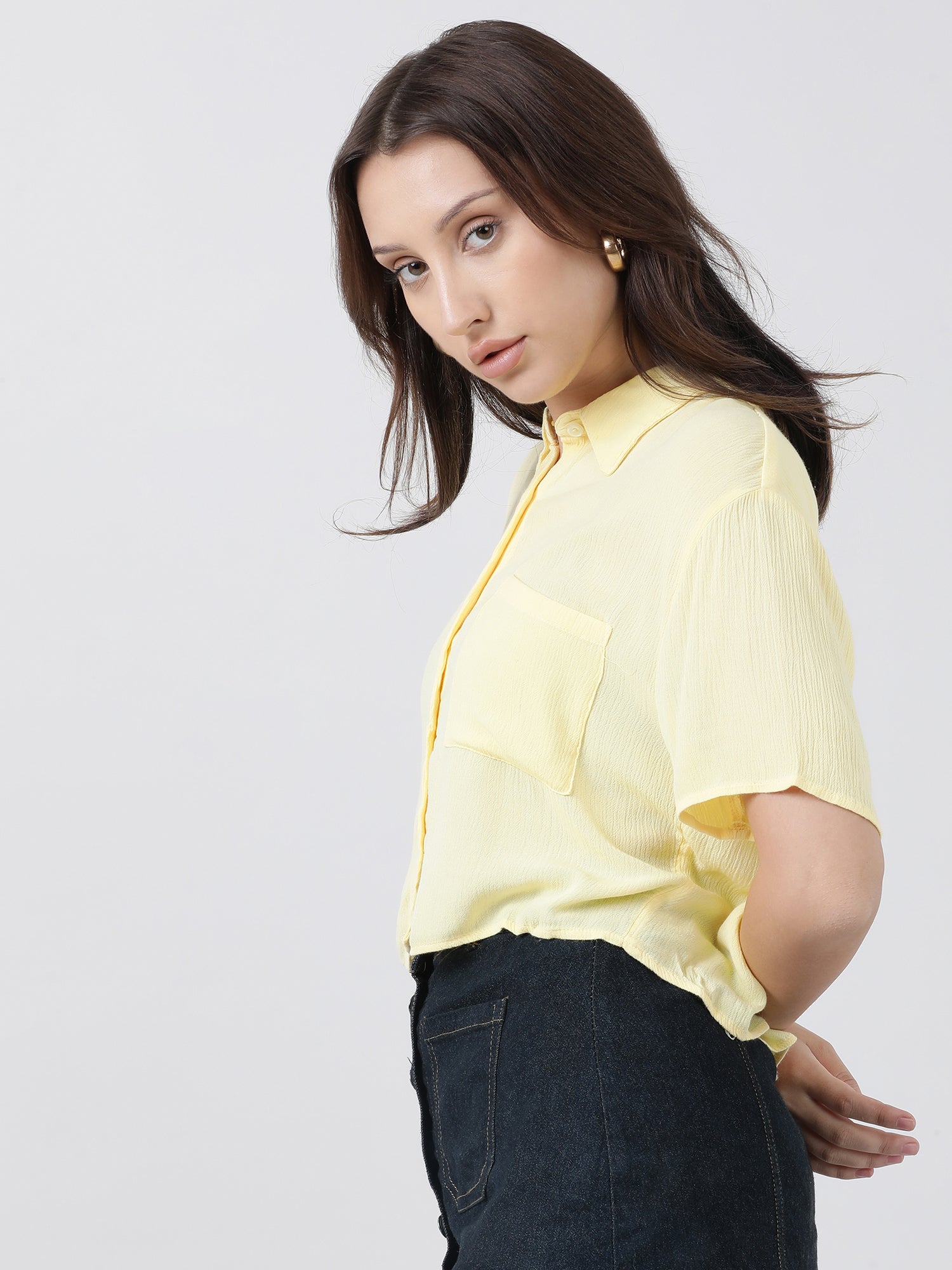 Women Regular Fit High Low Button Down Light Yellow Shirt