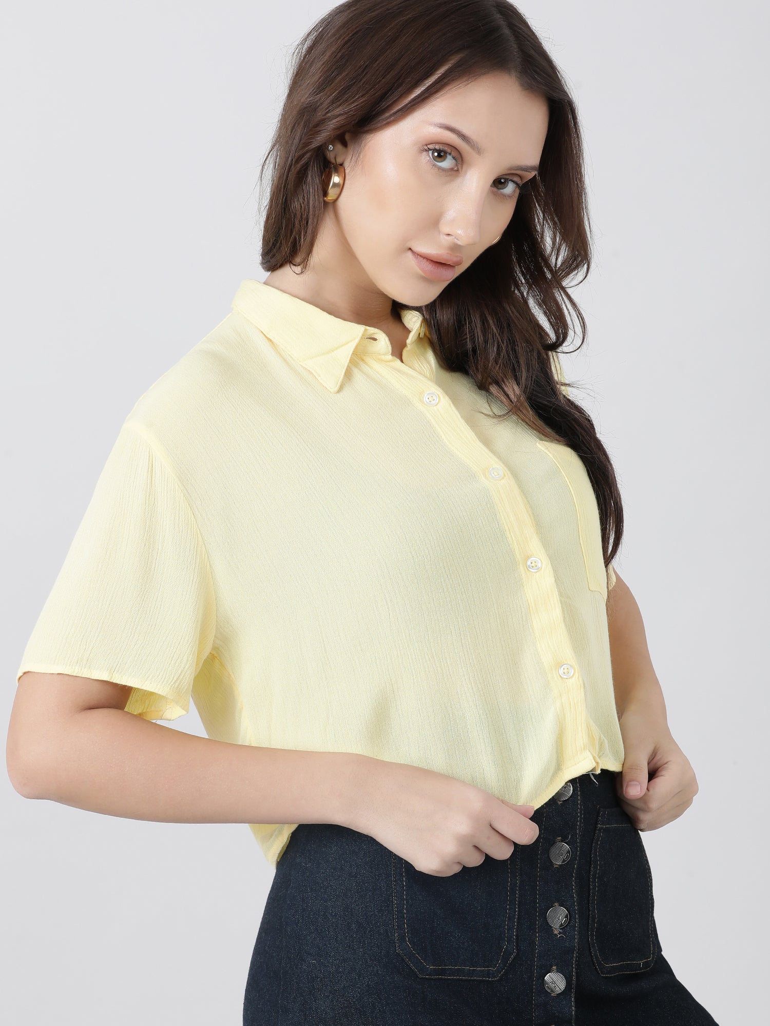 Women Regular Fit High Low Button Down Light Yellow Shirt