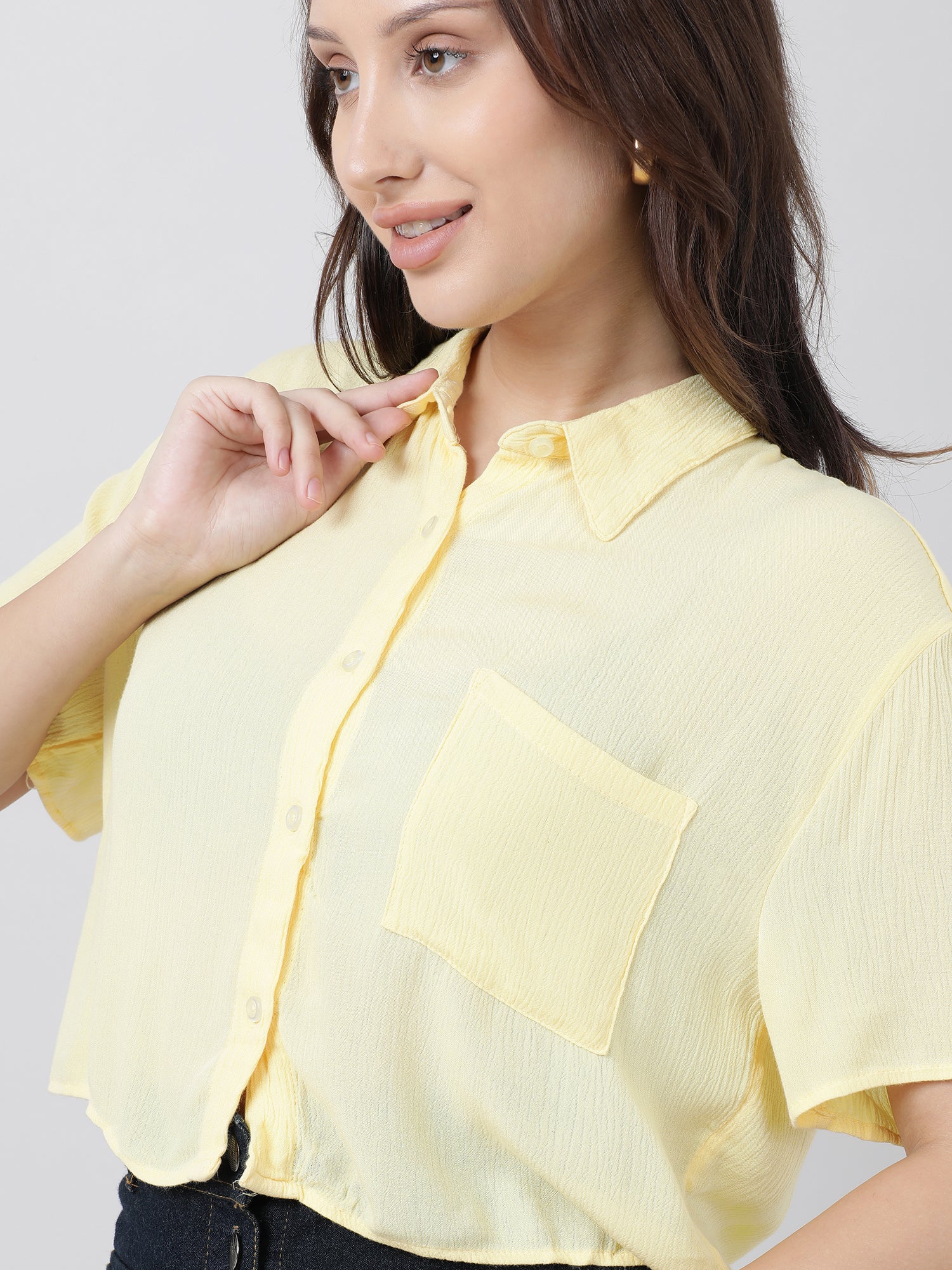 Women Regular Fit High Low Button Down Light Yellow Shirt