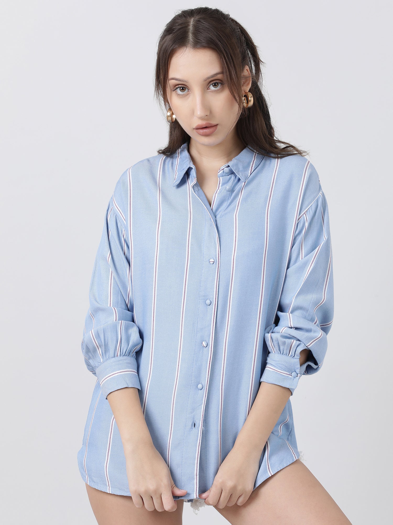 Women Regular Fit Blue Striped Drop Shoulders Shirt