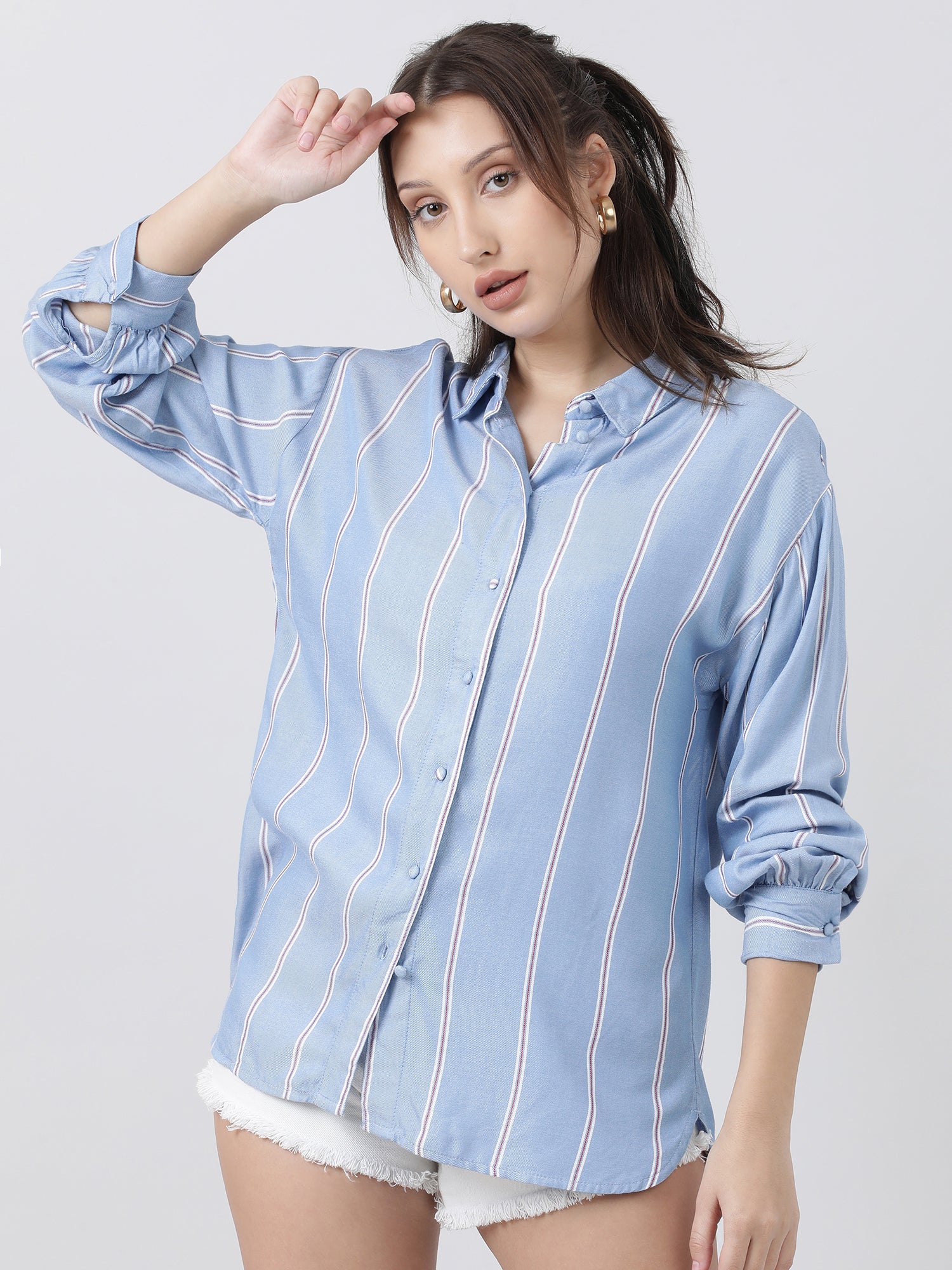 Women Regular Fit Blue Striped Drop Shoulders Shirt