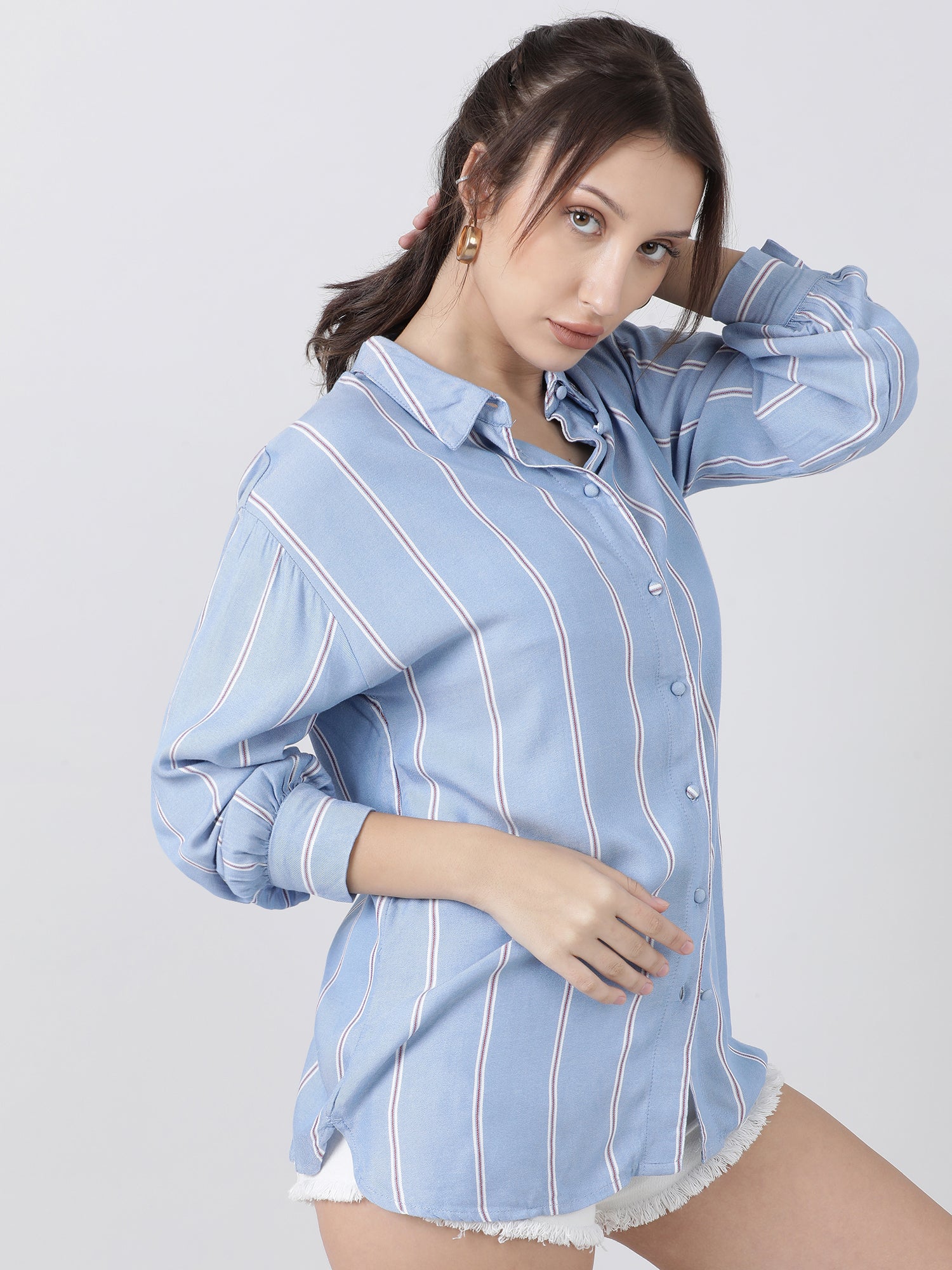 Women Regular Fit Blue Striped Drop Shoulders Shirt