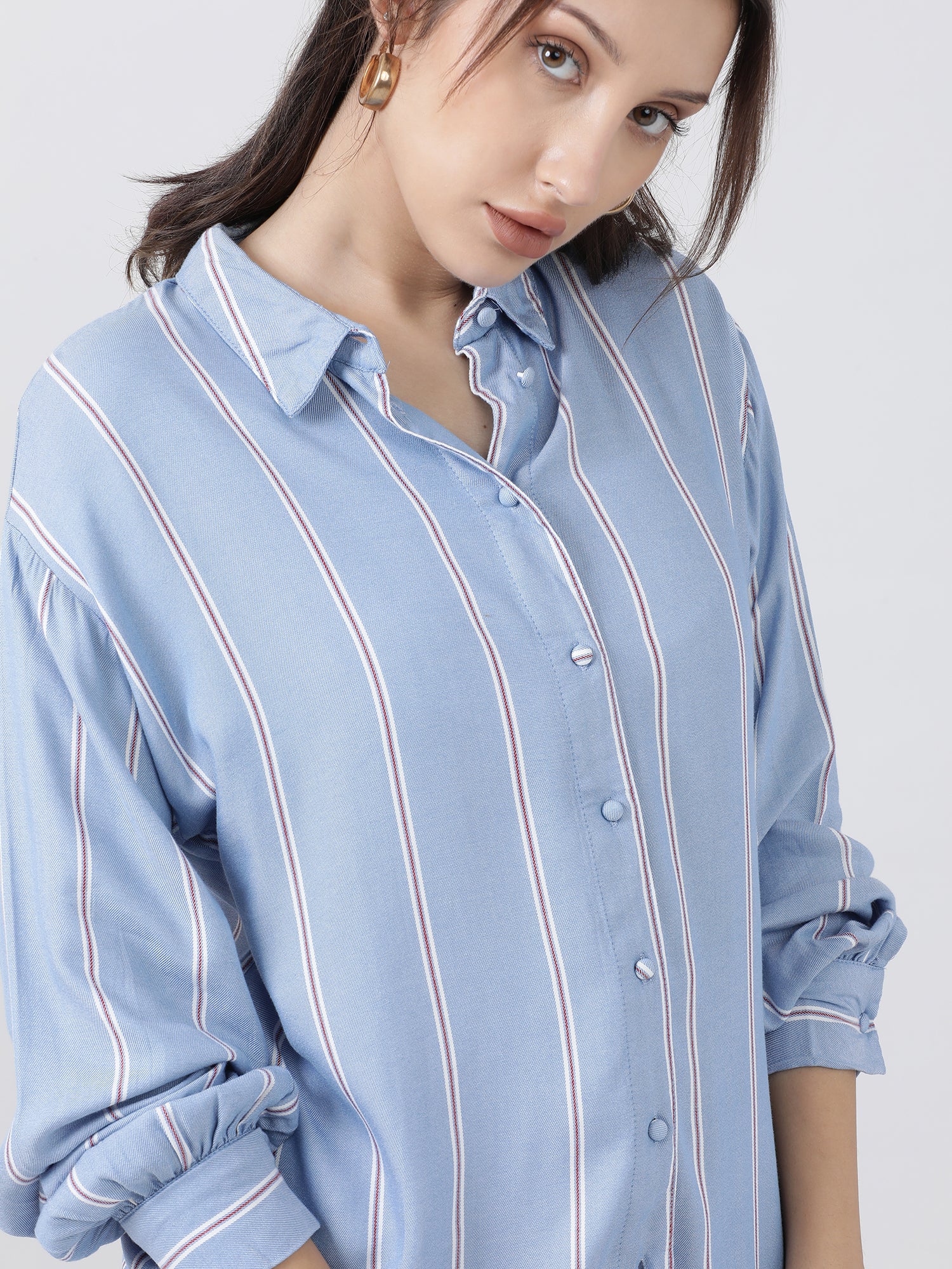 Women Regular Fit Blue Striped Drop Shoulders Shirt