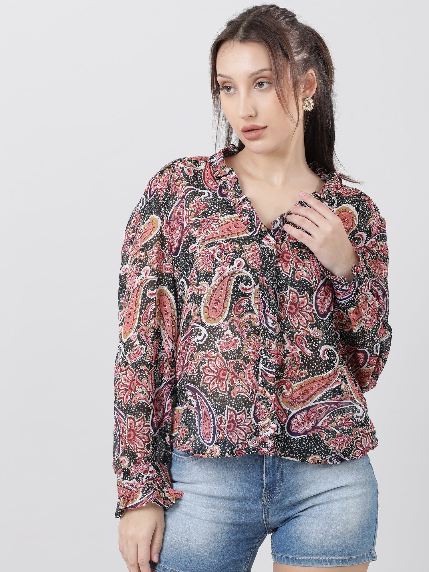 Women Regular Fit Printed Pink Top With Frilled Neckline