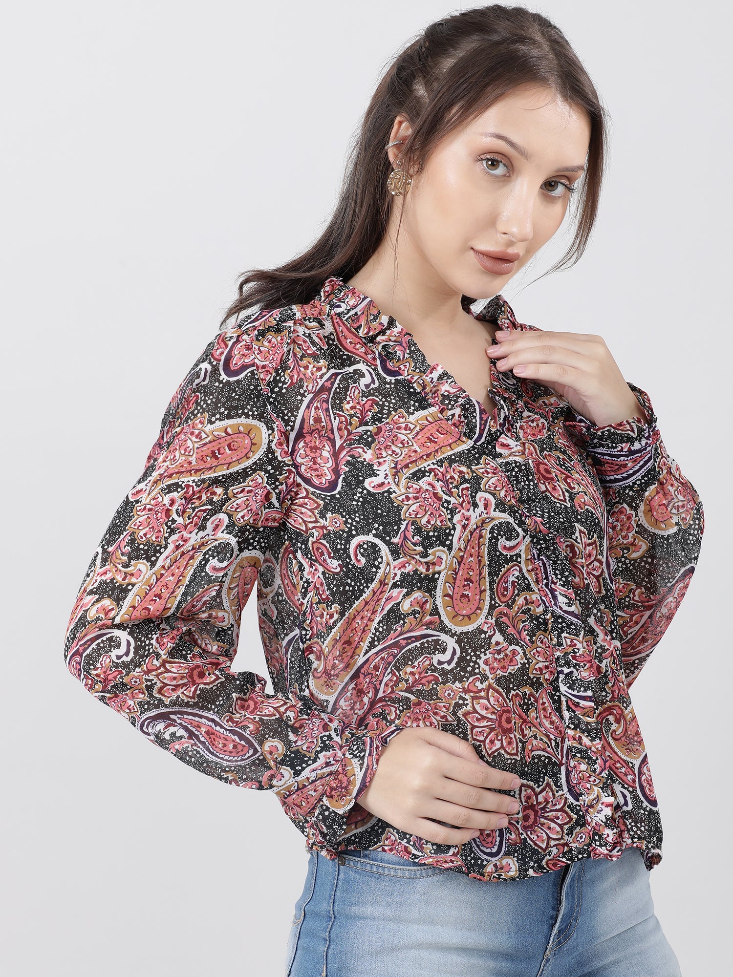 Women Regular Fit Printed Pink Top With Frilled Neckline