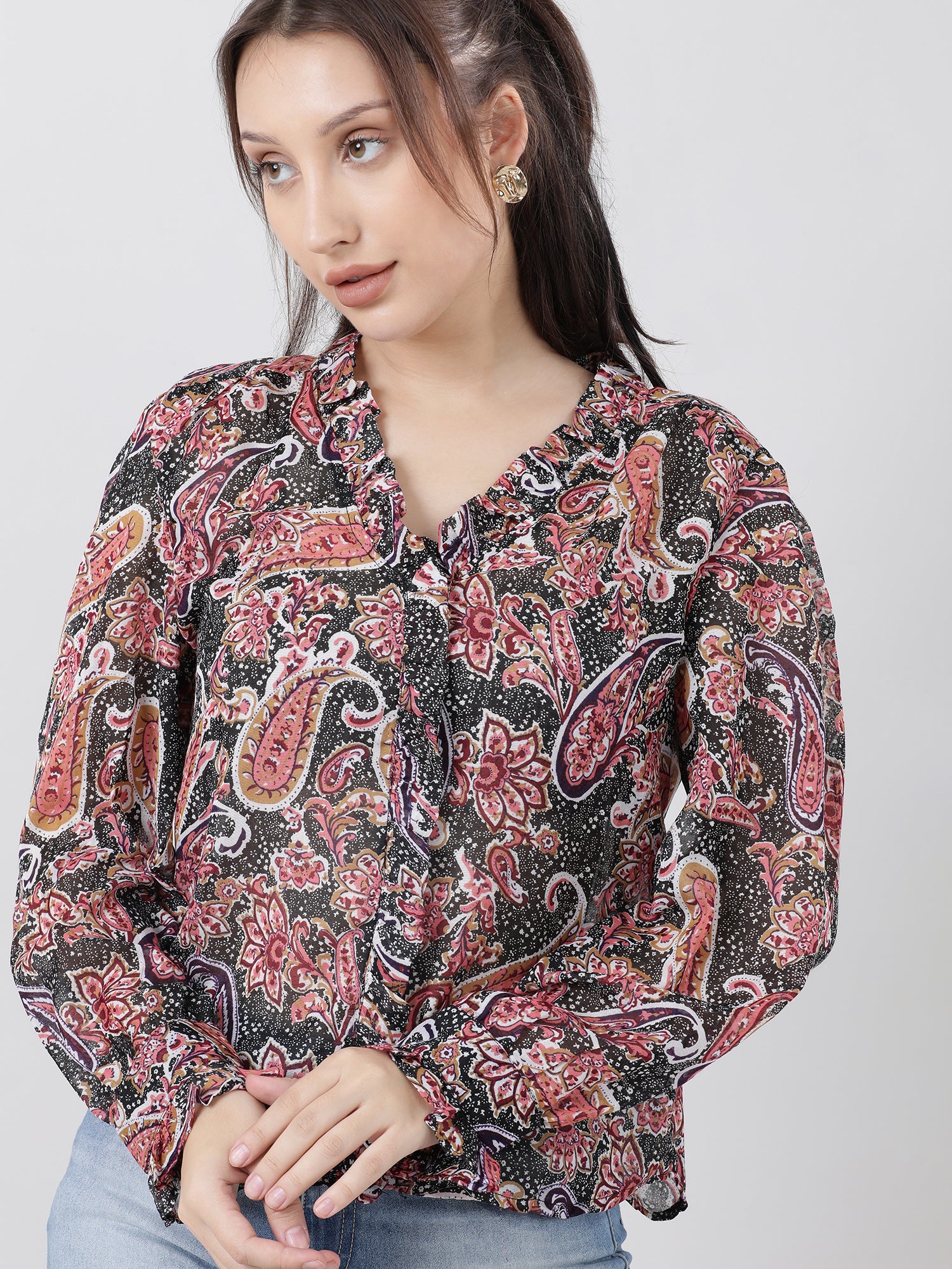 Women Regular Fit Printed Pink Top With Frilled Neckline