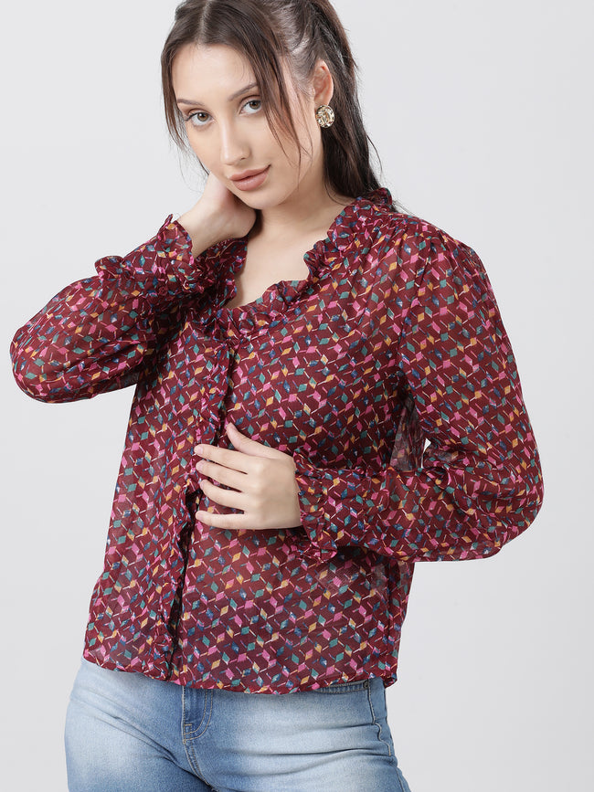 Women Regular Fit Printed Maroon Frilled Top
