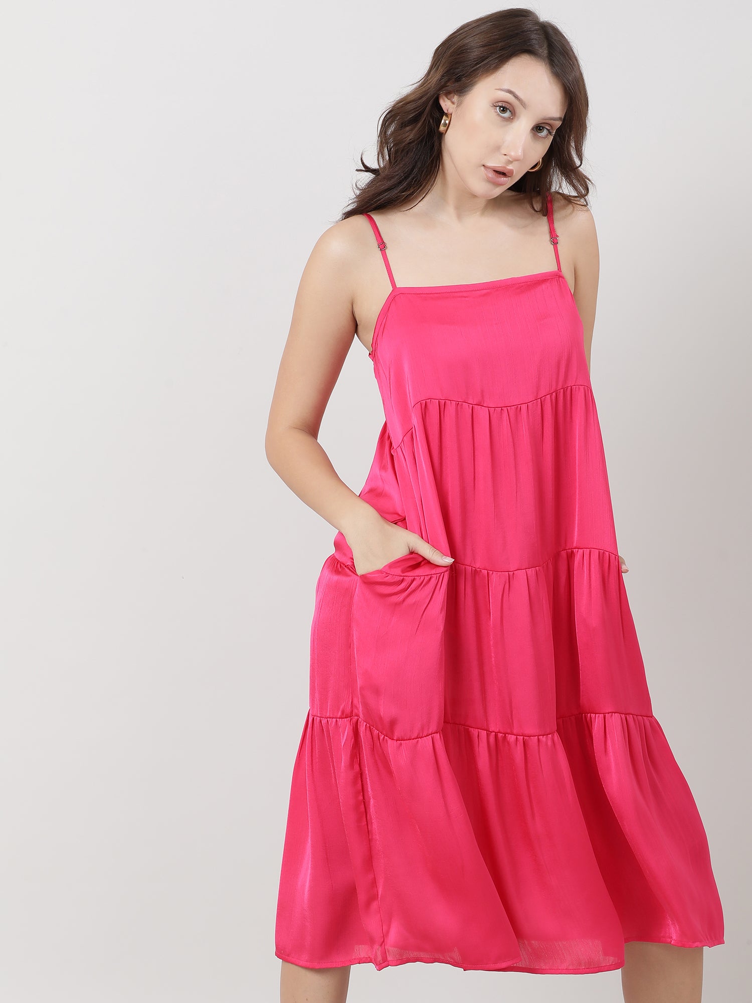 Pink Strappy Tiered A line Midi Dress