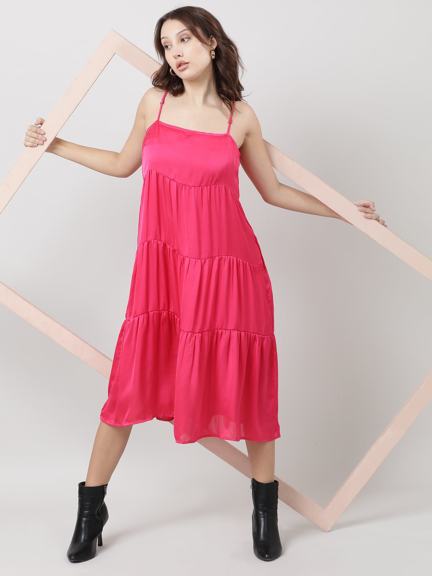 Pink Strappy Tiered A line Midi Dress