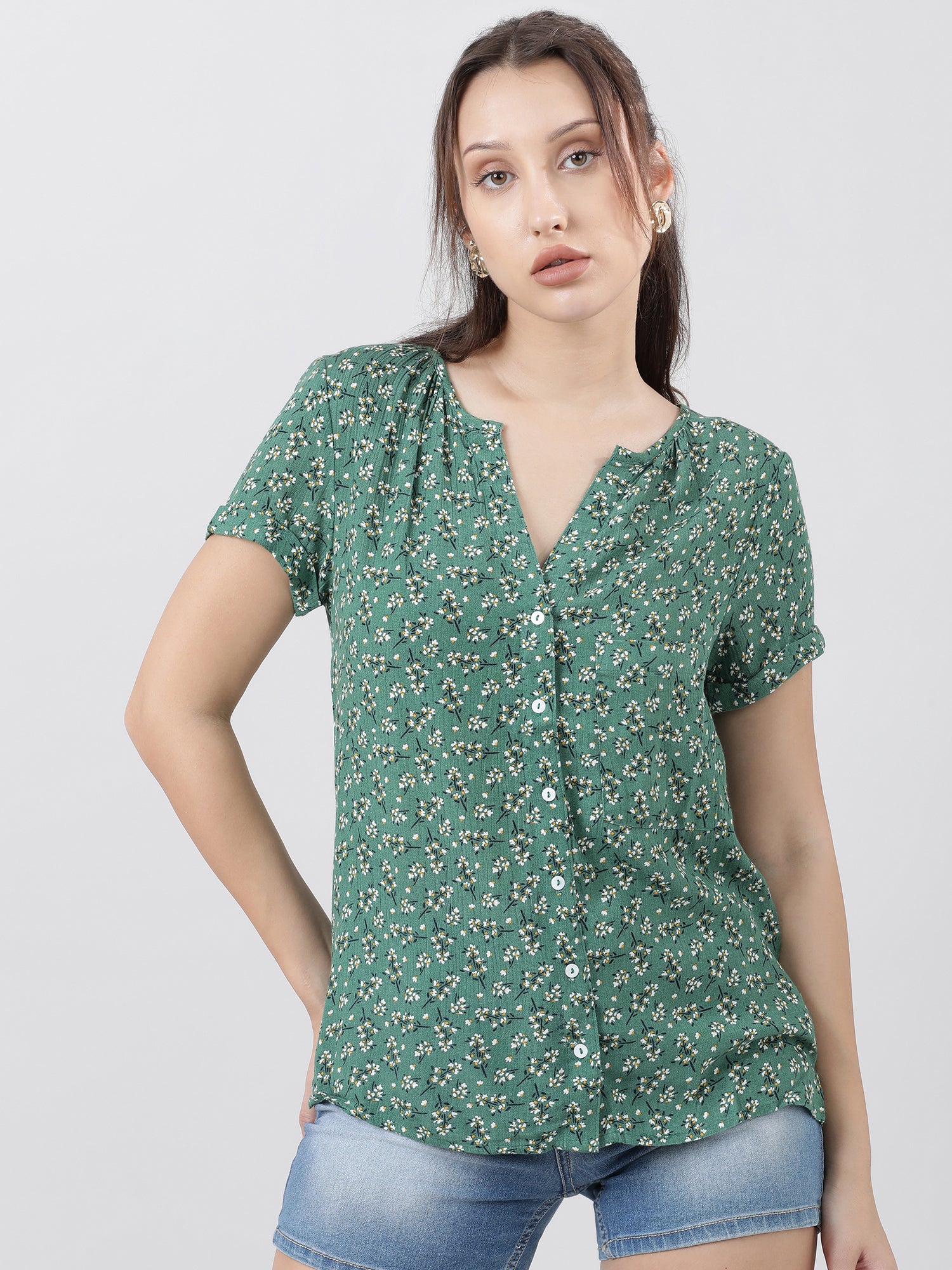 Women Regular Fit Printed Green Top