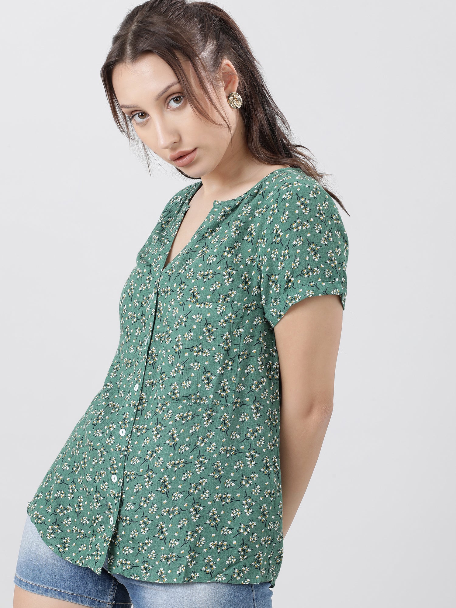 Women Regular Fit Printed Green Top