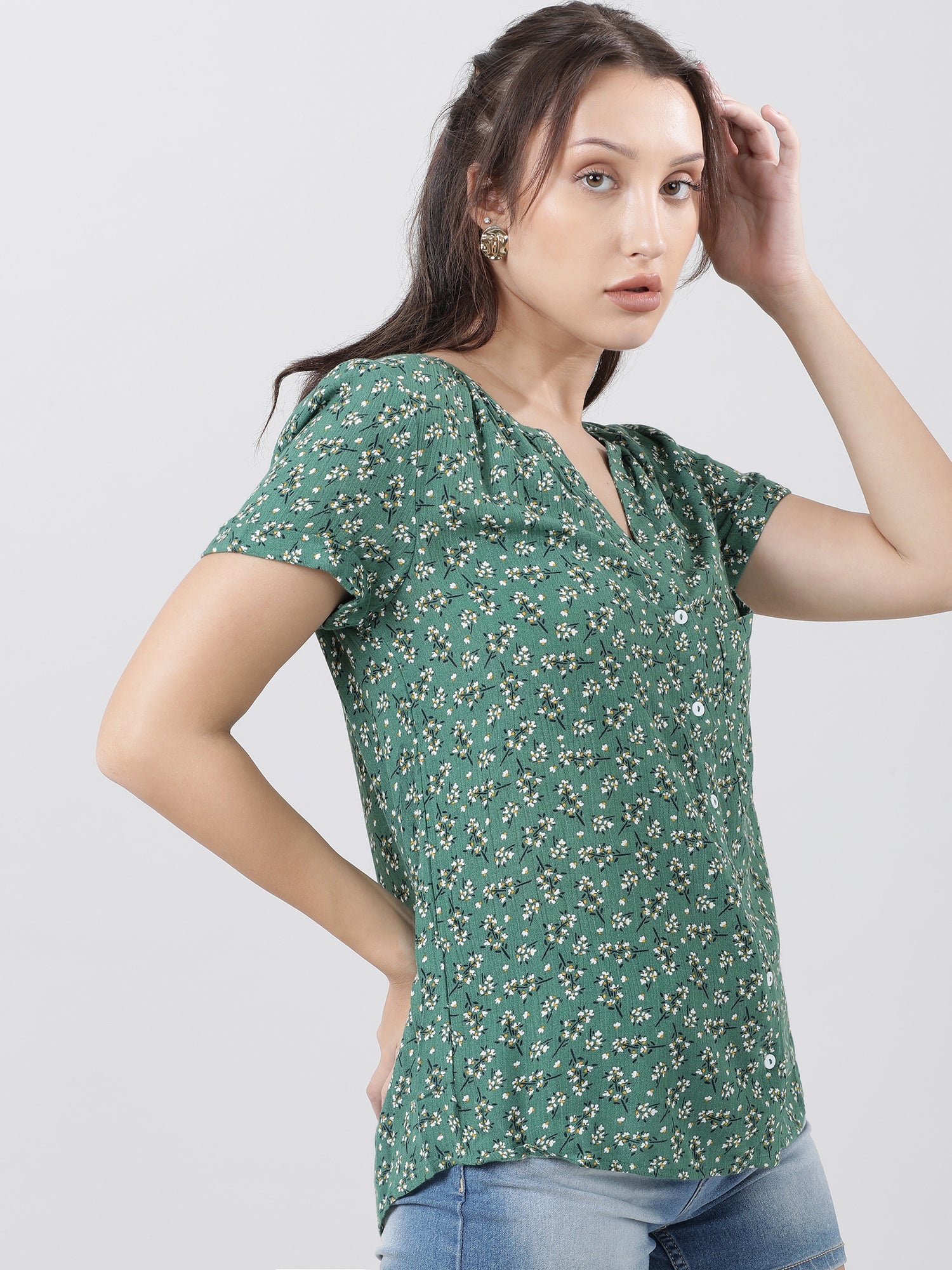 Women Regular Fit Printed Green Top