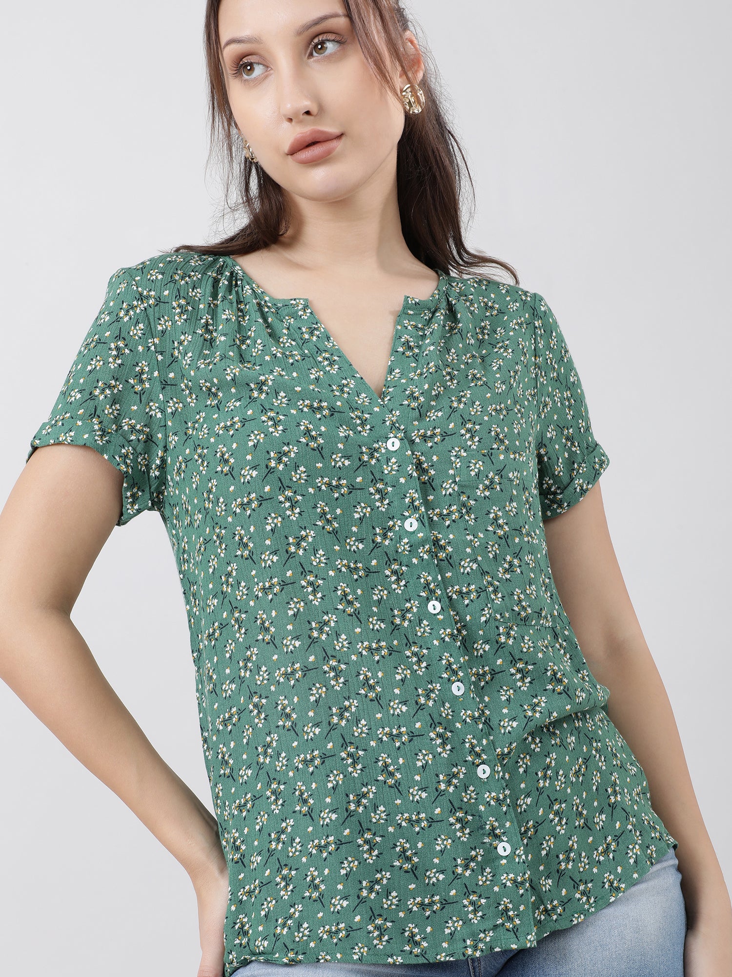 Women Regular Fit Printed Green Top